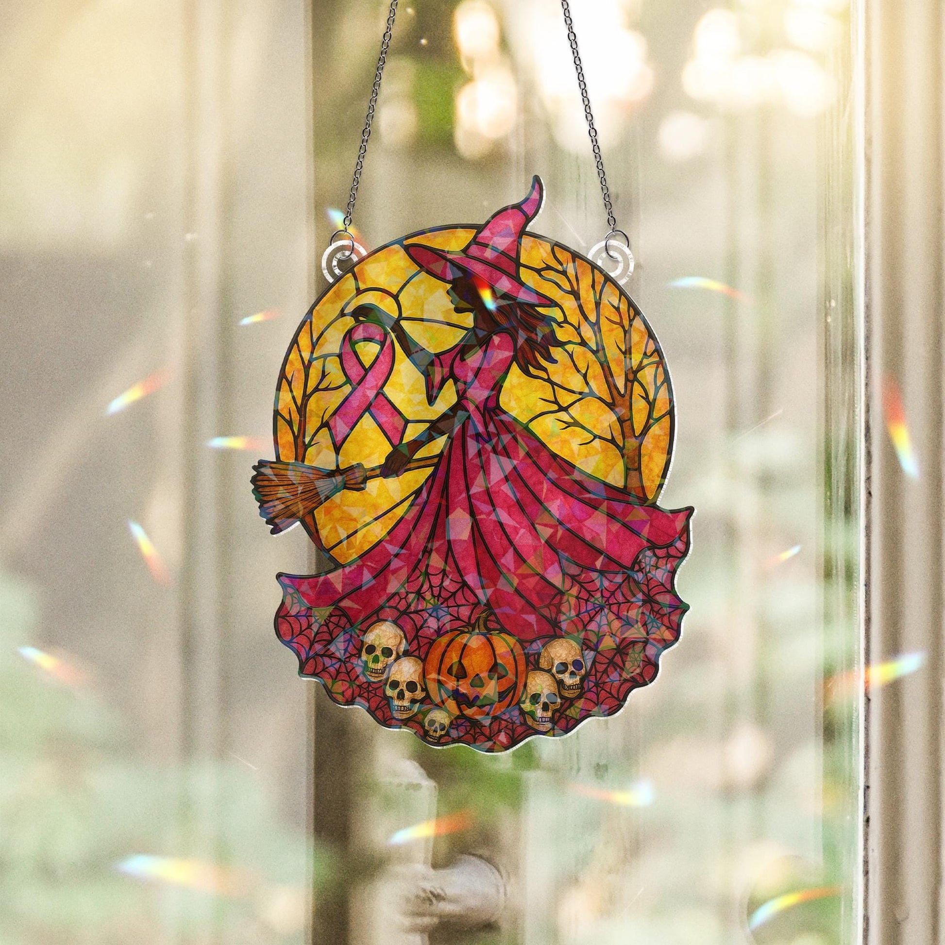 Pink Witch Holographic Suncatcher • Breast Cancer Awareness Acrylic Window Hanging • Warrior Gift Home Decor