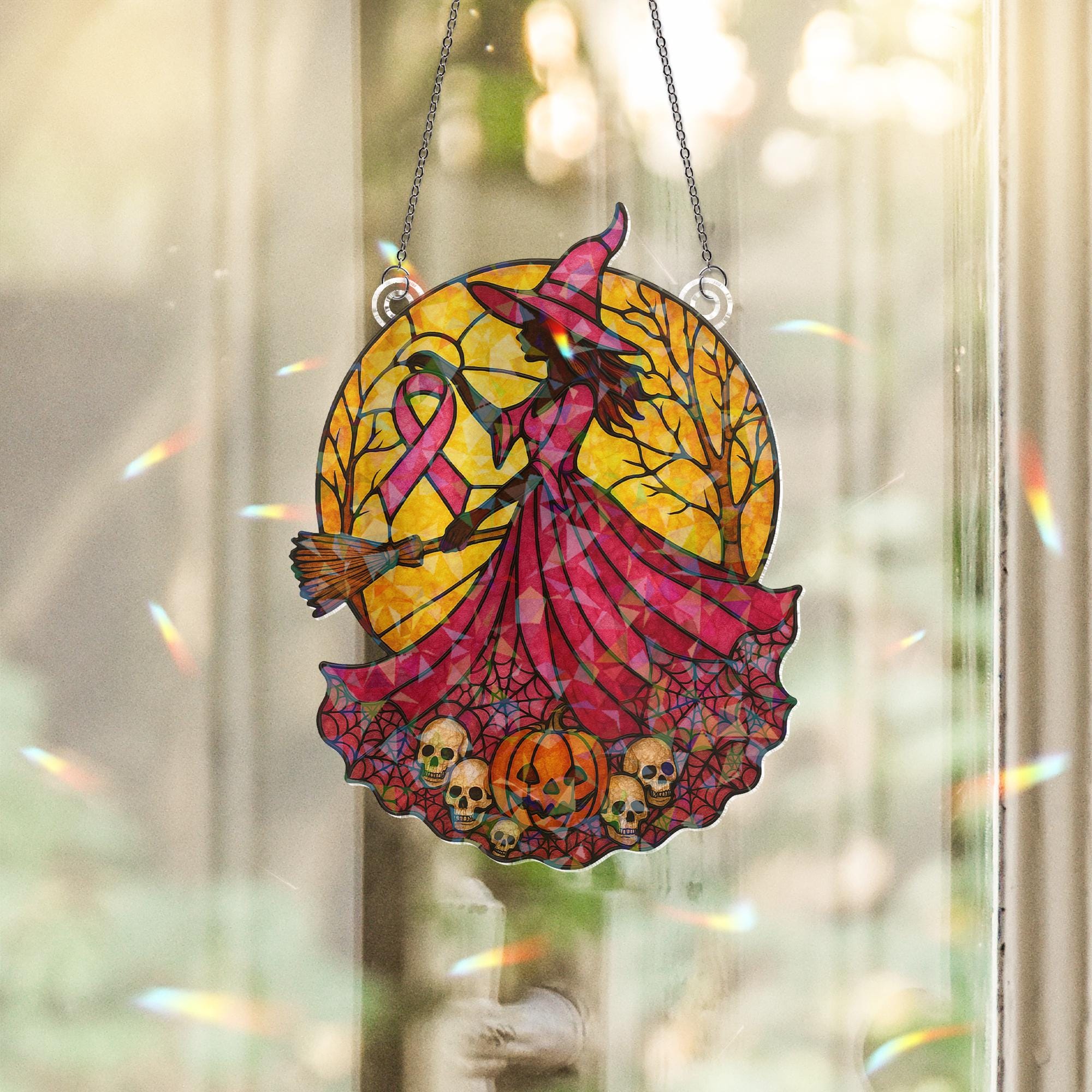 Pink Witch Holographic Suncatcher • Breast Cancer Awareness Acrylic Window Hanging • Warrior Gift Home Decor