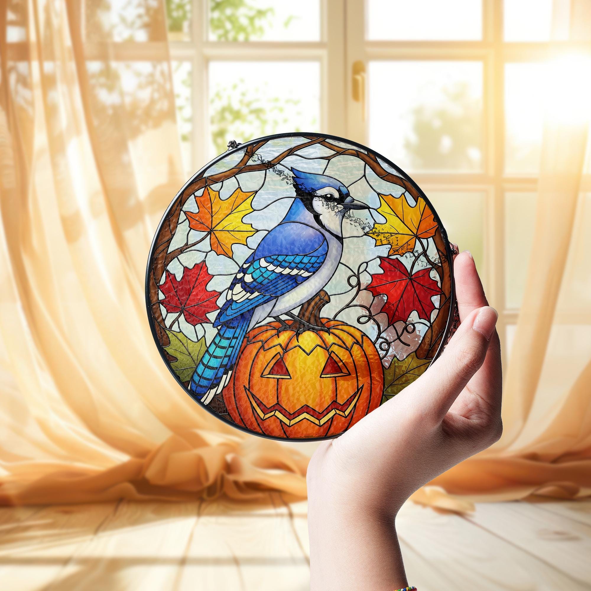 Blue Jay Glass Suncatcher • Fall Pumpkin Glass Window Hanging