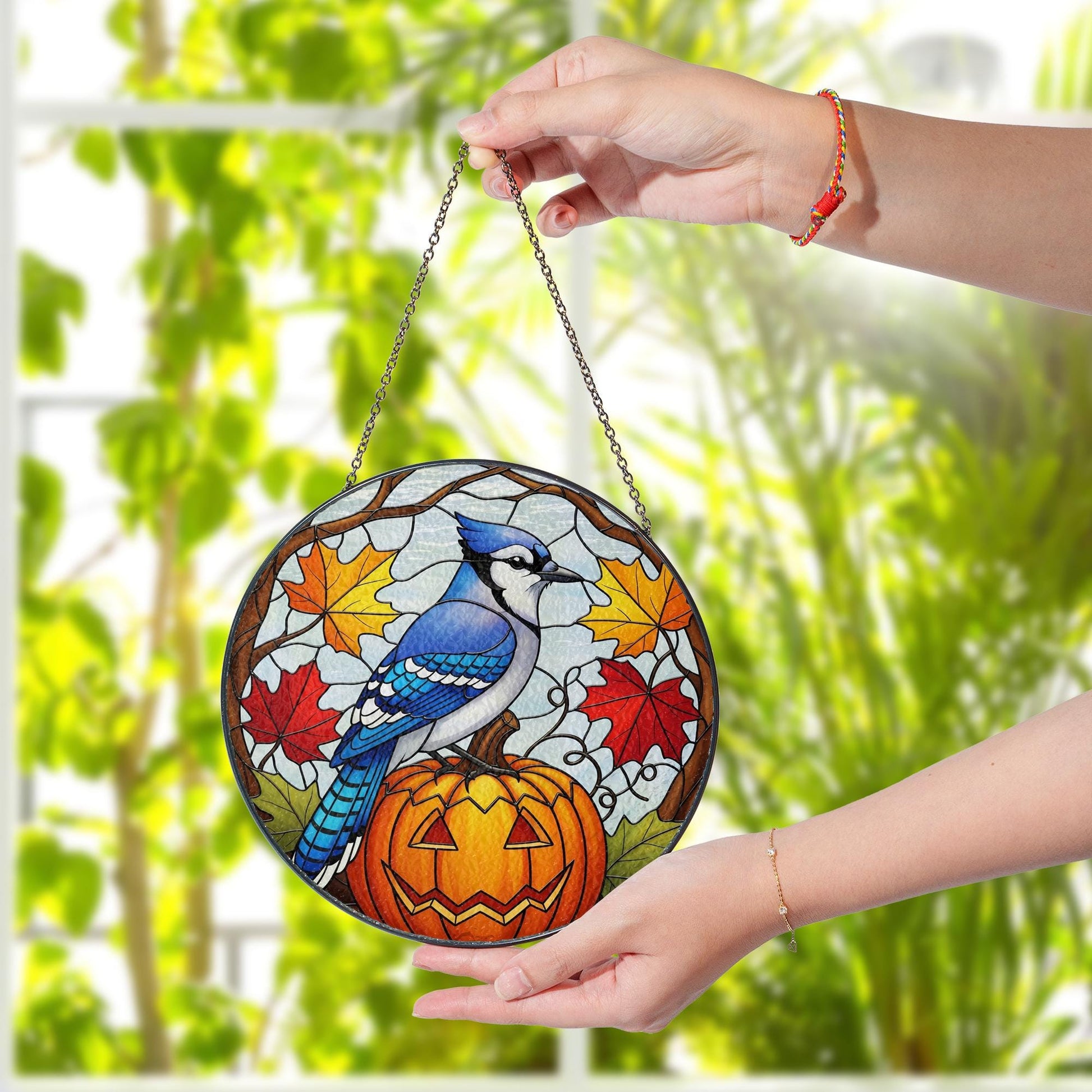 Blue Jay Glass Suncatcher • Fall Pumpkin Glass Window Hanging