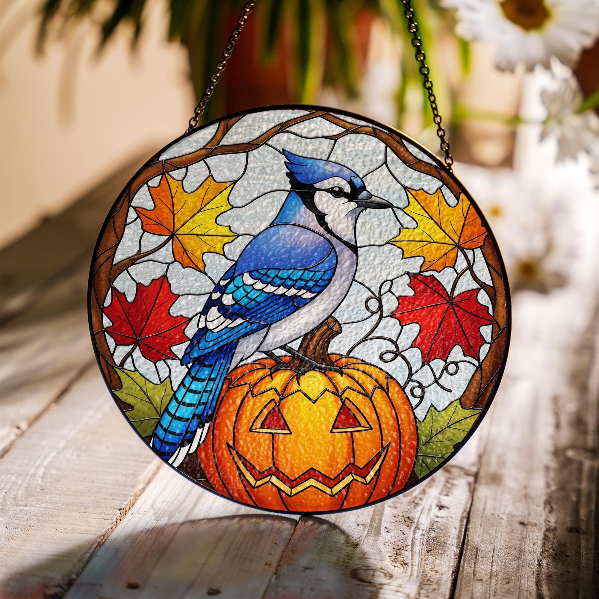 Blue Jay Glass Suncatcher • Fall Pumpkin Glass Window Hanging