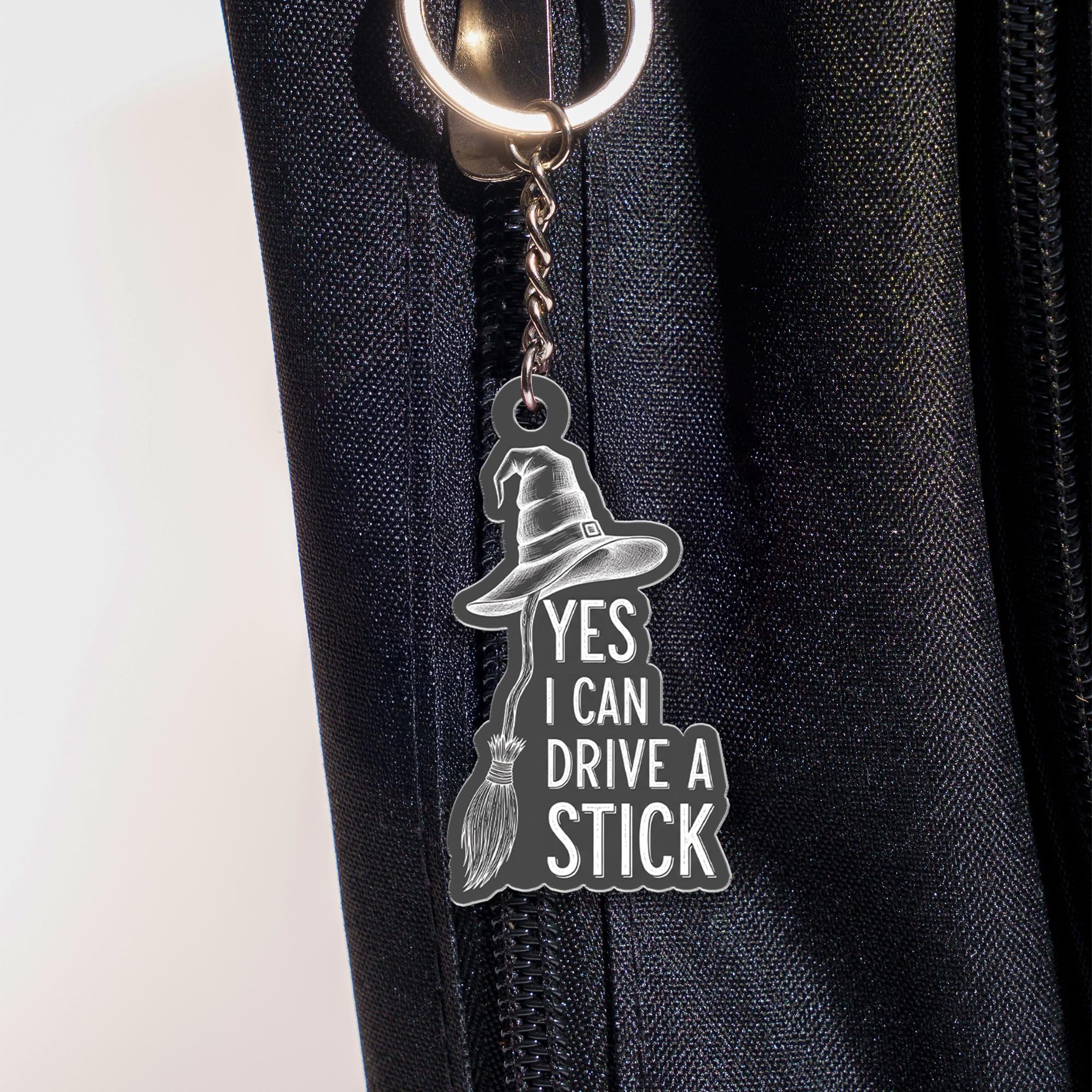 Funny Witch Keychain | Yes I Can Drive a Stick Broom Keyring | Gothic Halloween Gift | Witchy Car Accessories for Spooky Lovers
