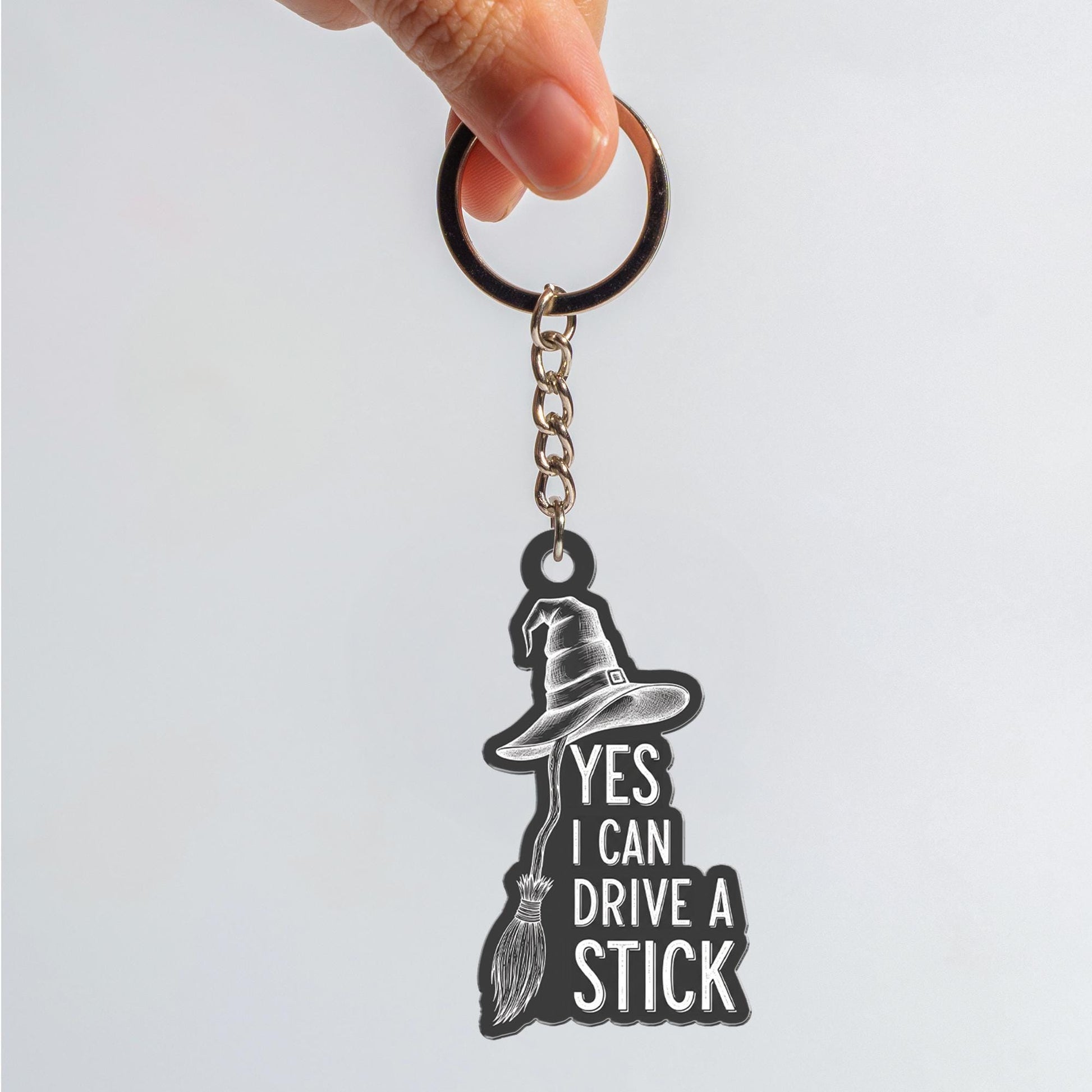 Funny Witch Keychain | Yes I Can Drive a Stick Broom Keyring | Gothic Halloween Gift | Witchy Car Accessories for Spooky Lovers