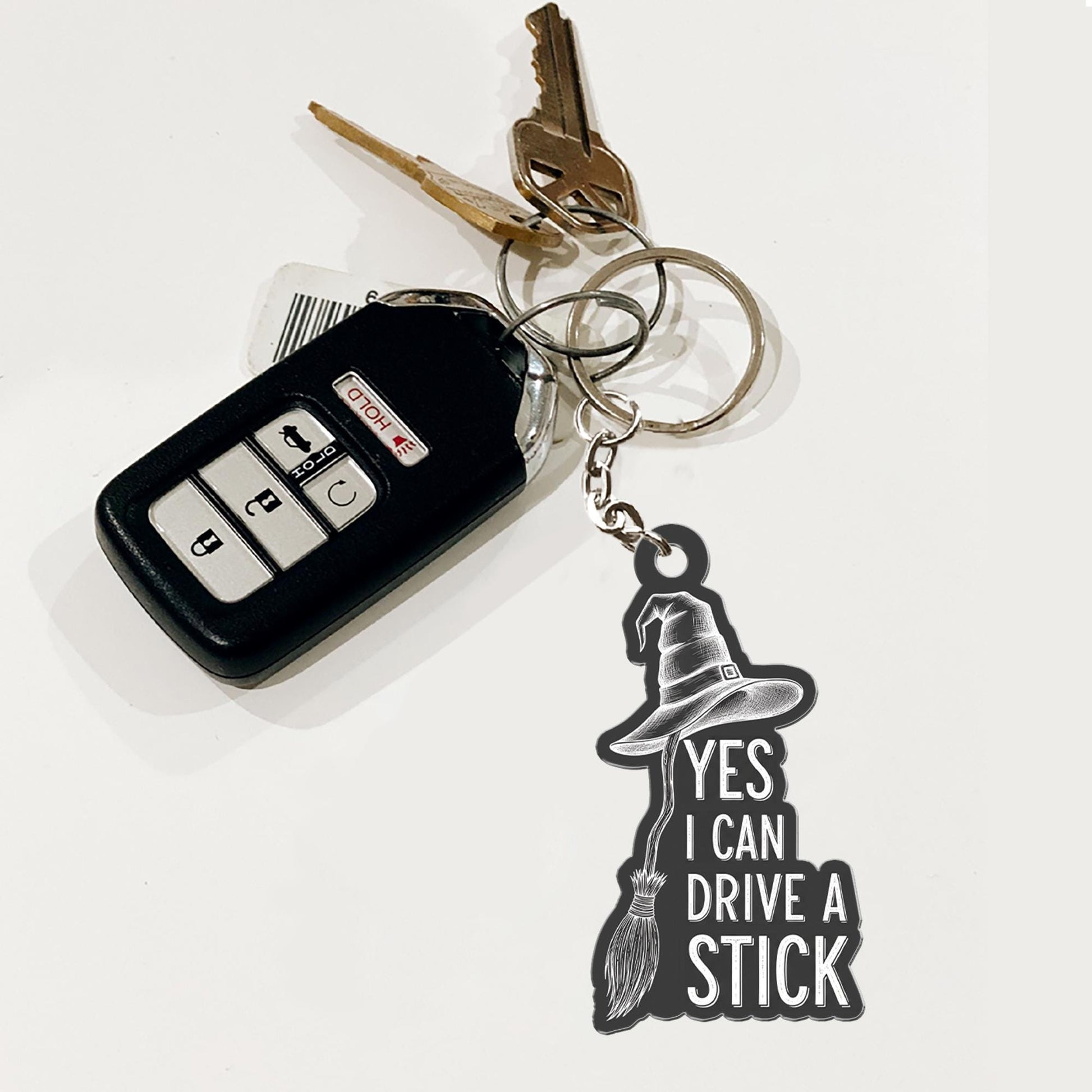 Funny Witch Keychain | Yes I Can Drive a Stick Broom Keyring | Gothic Halloween Gift | Witchy Car Accessories for Spooky Lovers