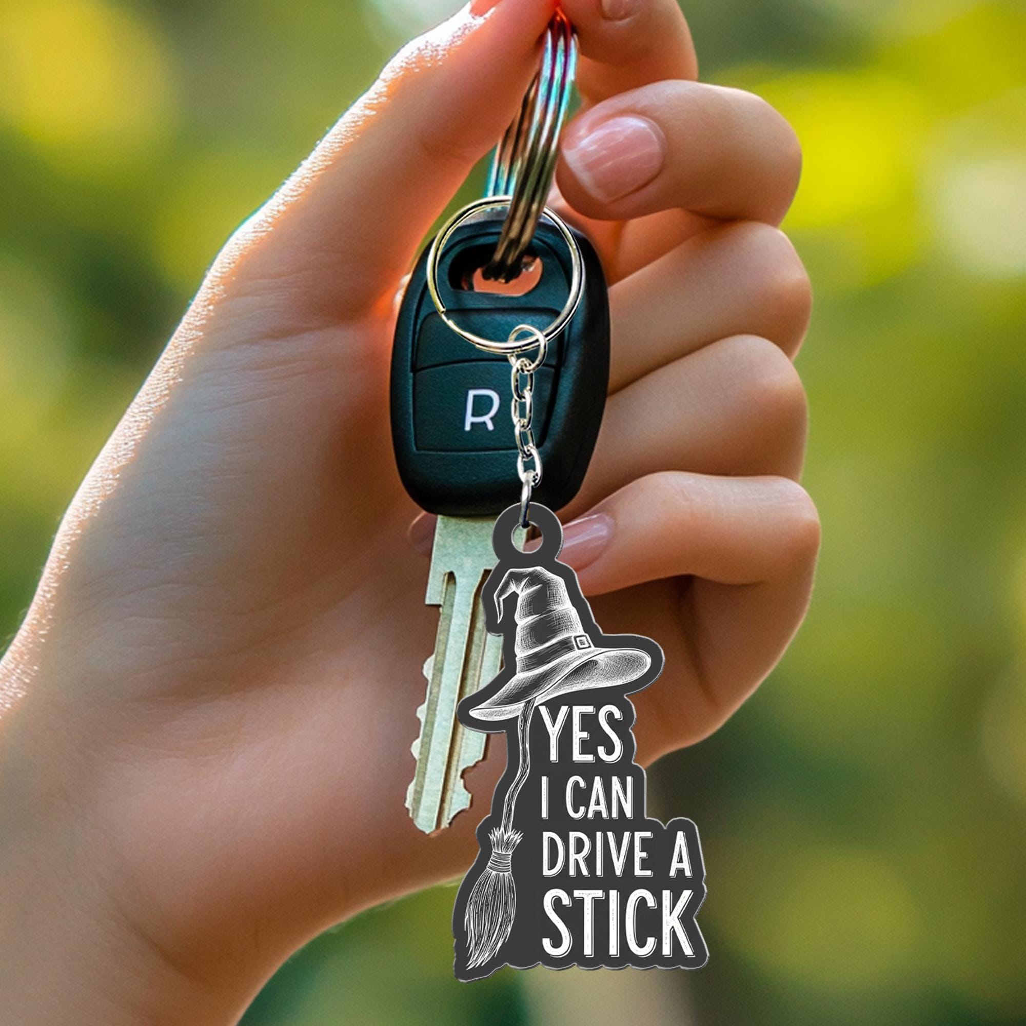 Funny Witch Keychain | Yes I Can Drive a Stick Broom Keyring | Gothic Halloween Gift | Witchy Car Accessories for Spooky Lovers