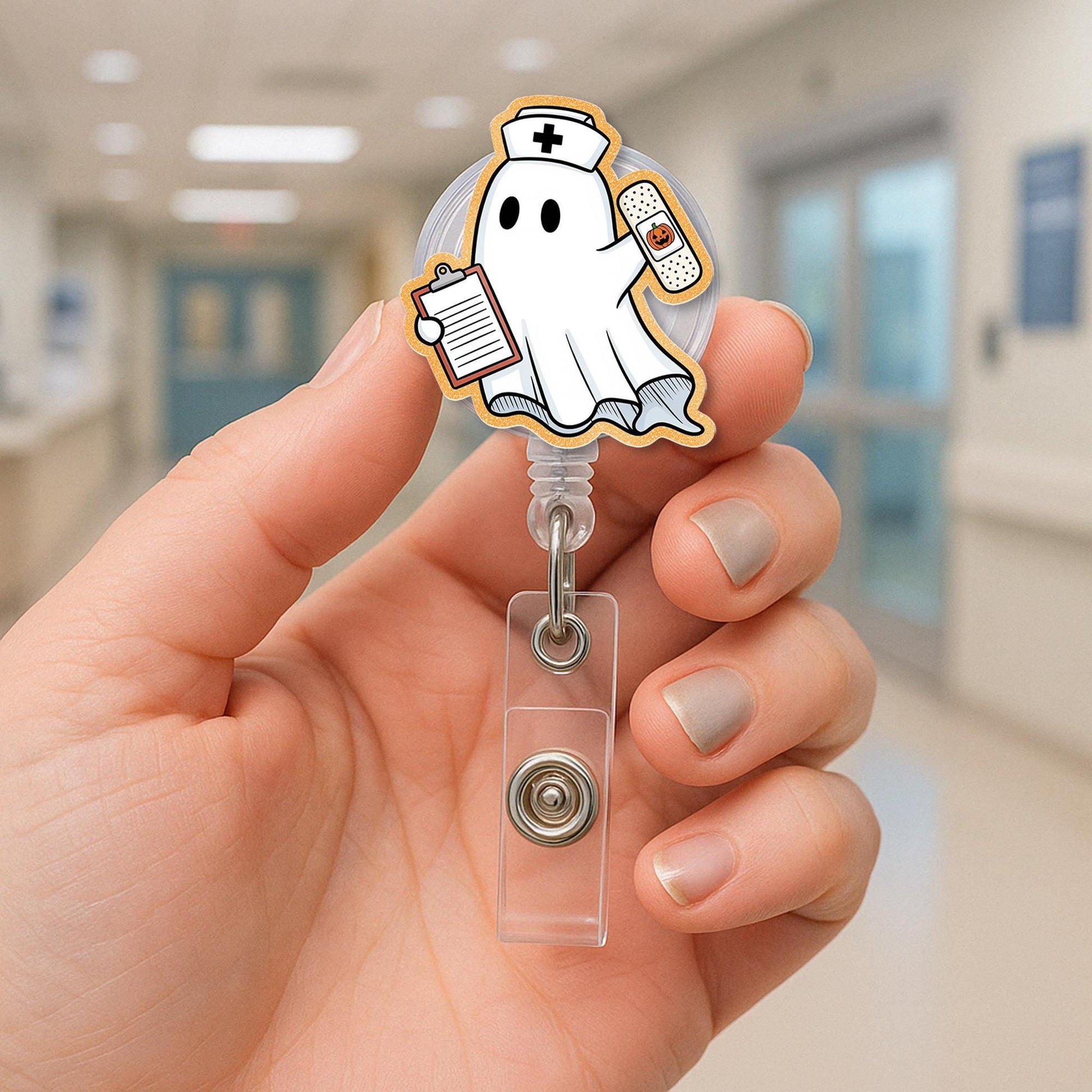Nurse Ghost Badge Reel | Cute Halloween Retractable ID Holder | Spooky Nurse Badge Clip | Fun Medical Work Accessory Gift