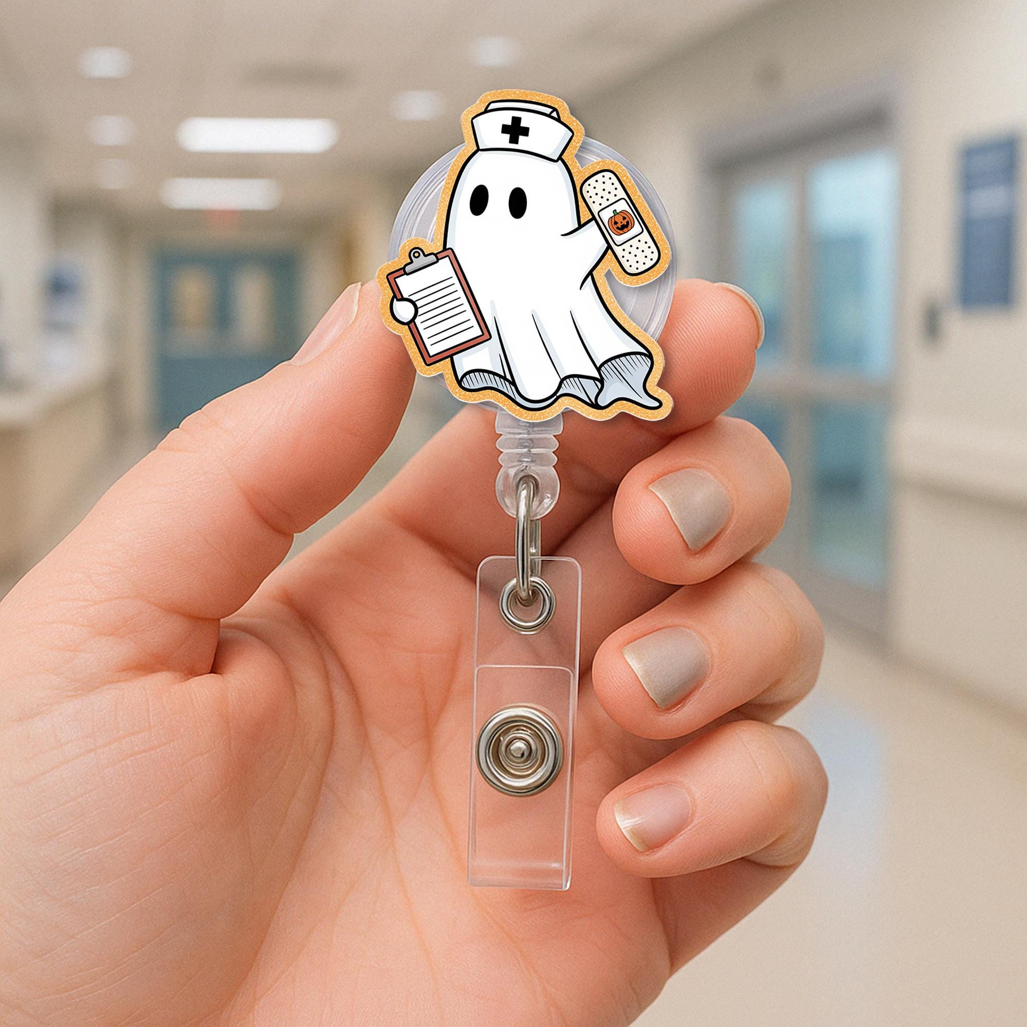 Nurse Ghost Badge Reel | Cute Halloween Retractable ID Holder | Spooky Nurse Badge Clip | Fun Medical Work Accessory Gift