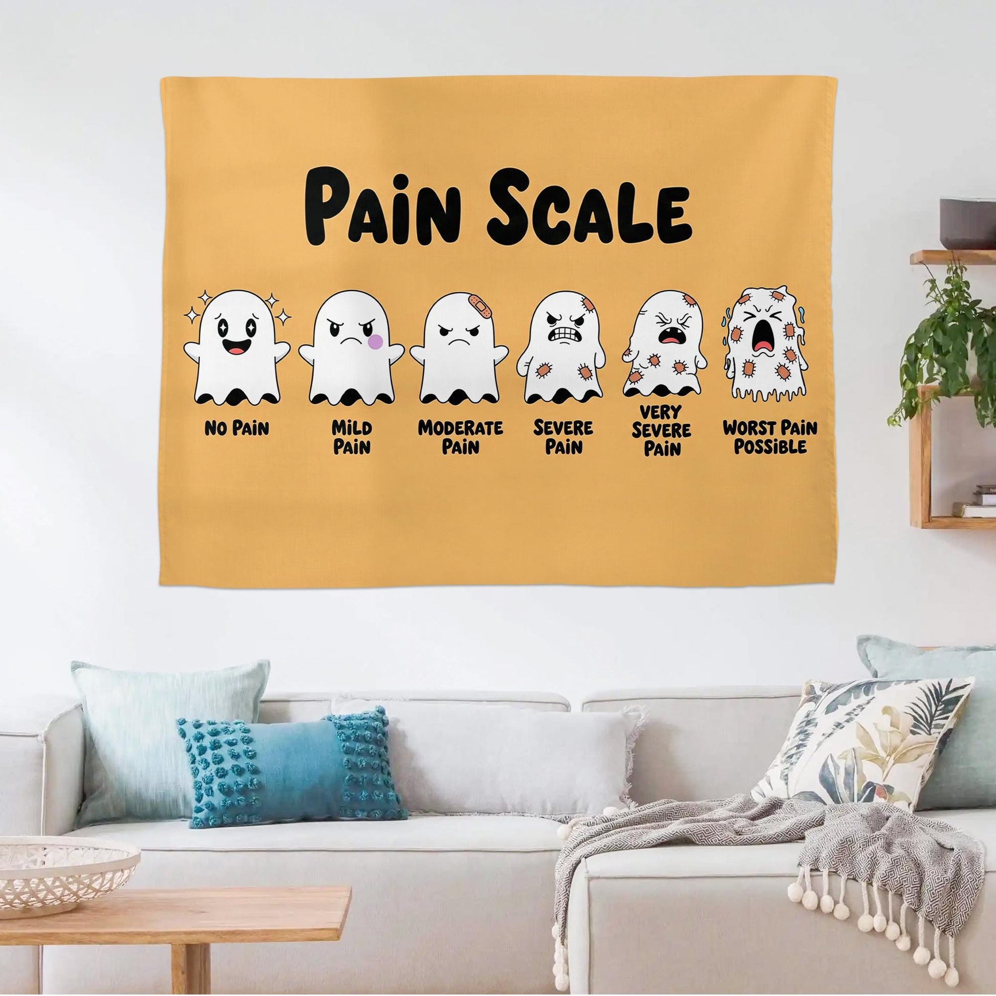 Funny Ghost Pain Scale Tapestry | Cute Medical Wall Art for Nurses & Doctors | Hospital Clinic Dorm Room Decor | Halloween Gift