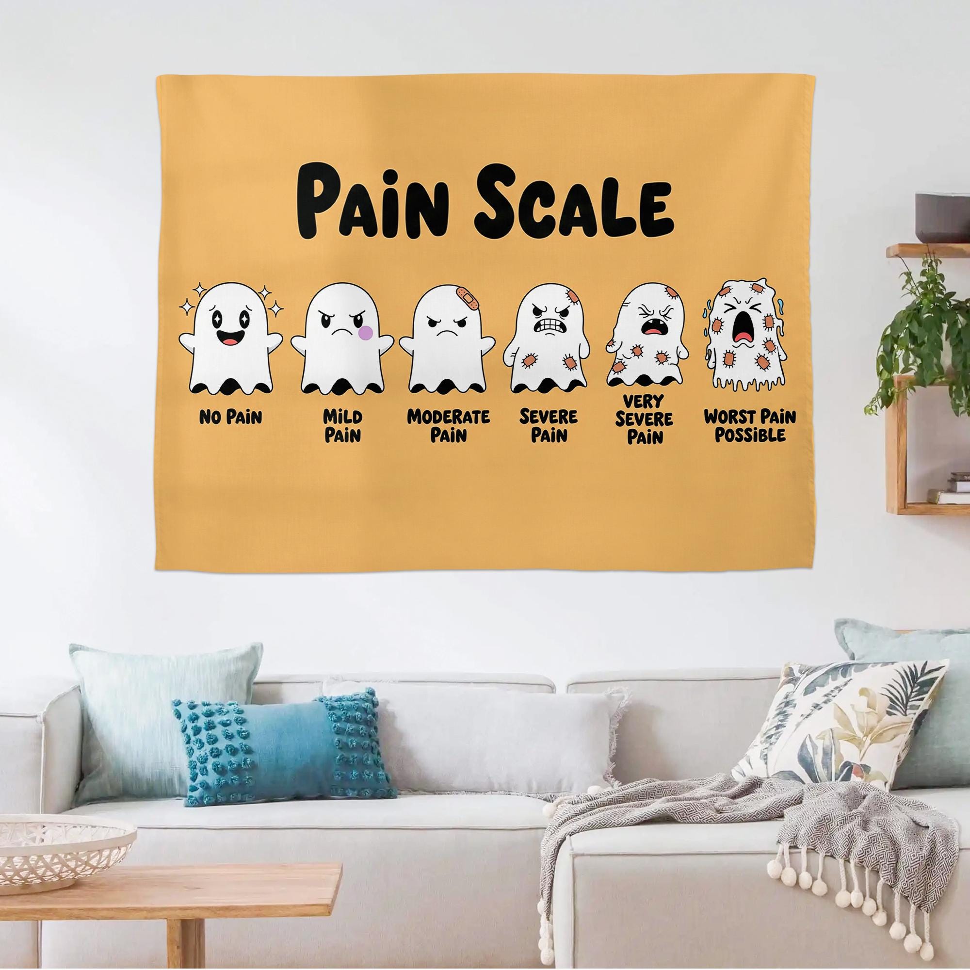 Funny Ghost Pain Scale Tapestry | Cute Medical Wall Art for Nurses & Doctors | Hospital Clinic Dorm Room Decor | Halloween Gift