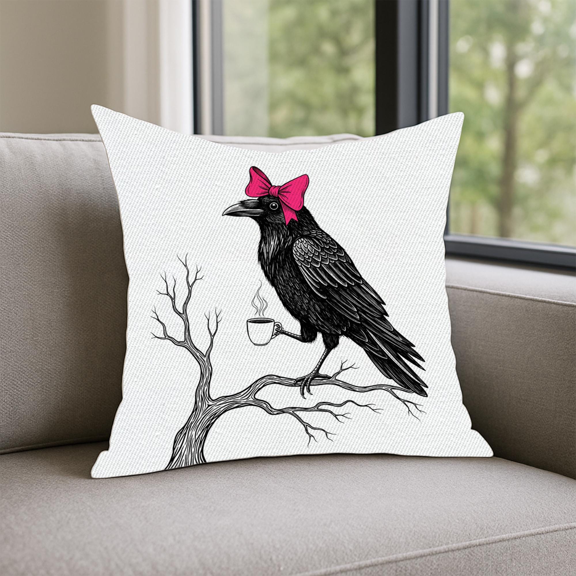 Gothic Raven Throw Pillow: Pink Bow & Coffee Cup - USA Made