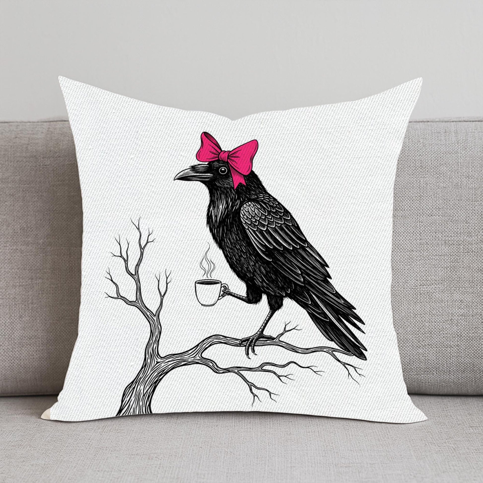 Gothic Raven Throw Pillow: Pink Bow & Coffee Cup - USA Made