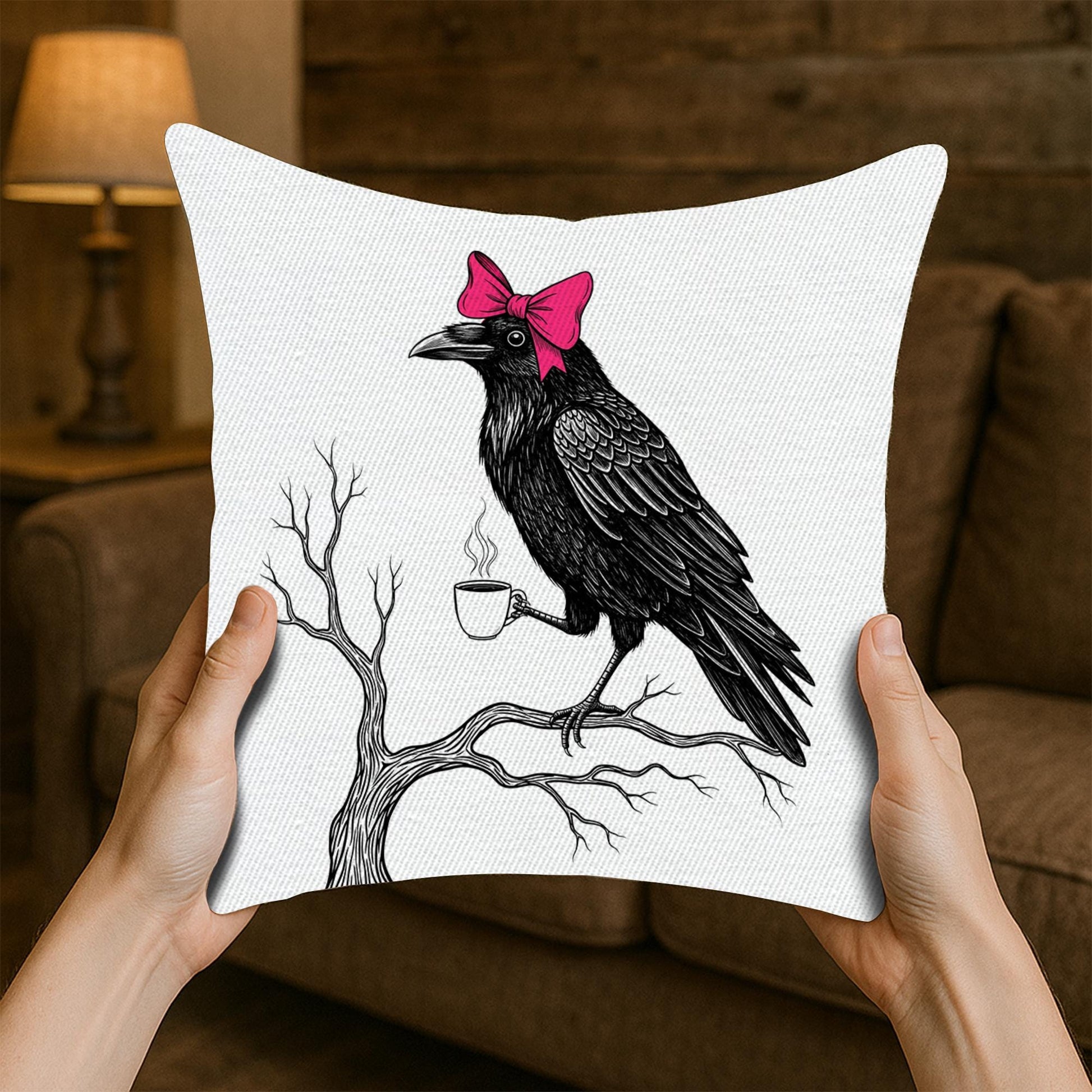 Gothic Raven Throw Pillow: Pink Bow & Coffee Cup - USA Made