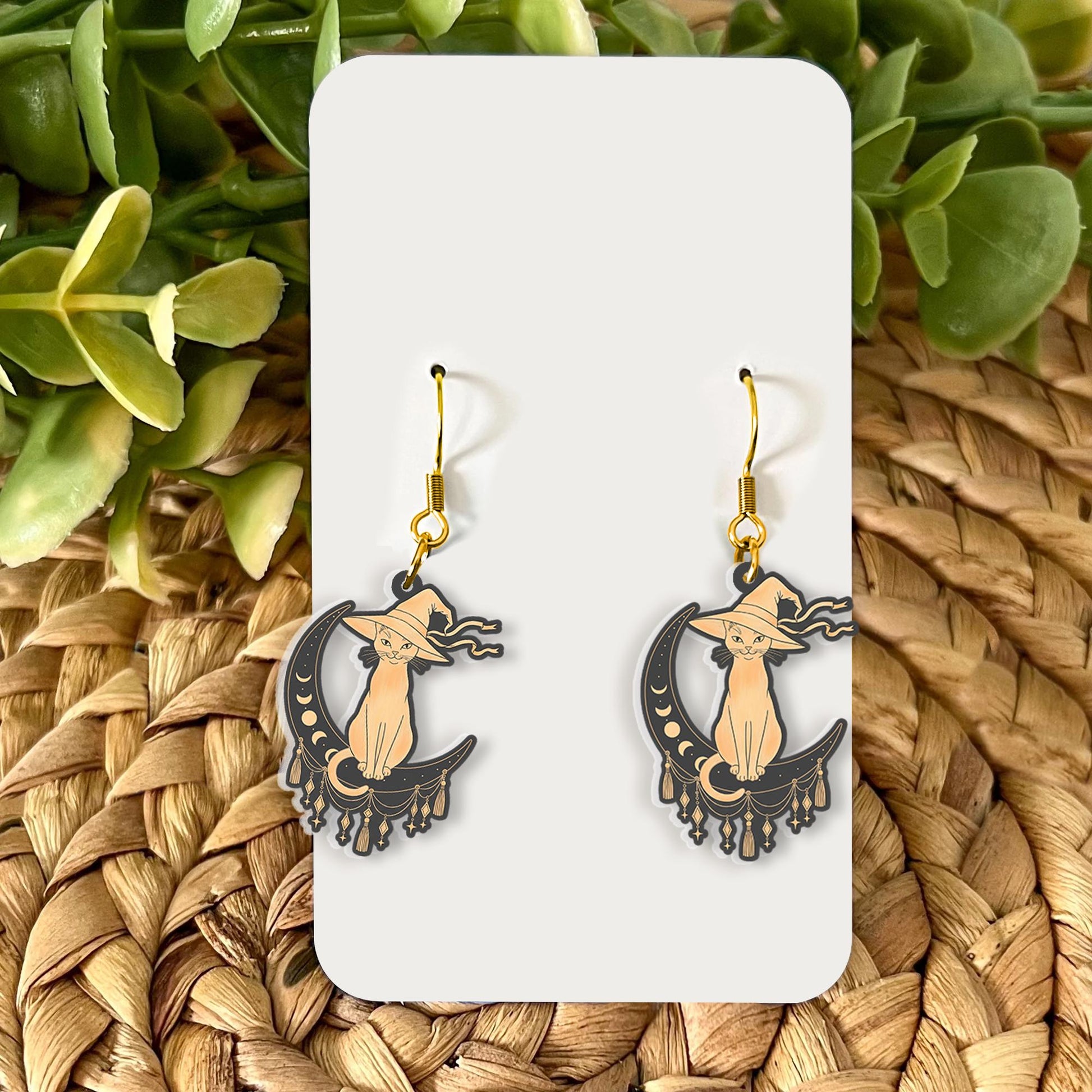 Witch Cat Earrings: Gothic Crescent Moon Dangle Earrings
