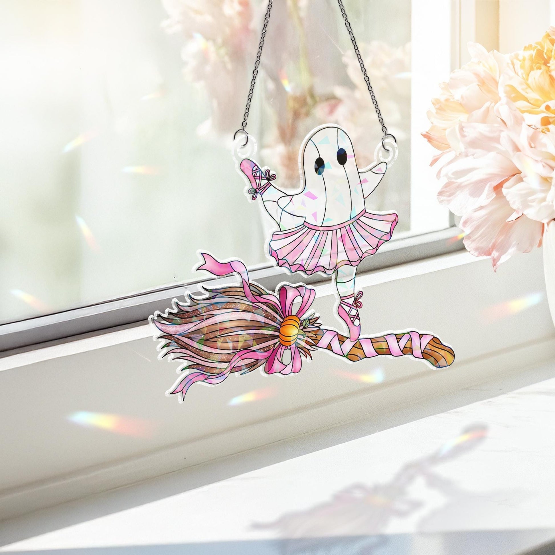 Holographic Ghost Ballet Suncatcher: Kawaii Halloween Window Hanging