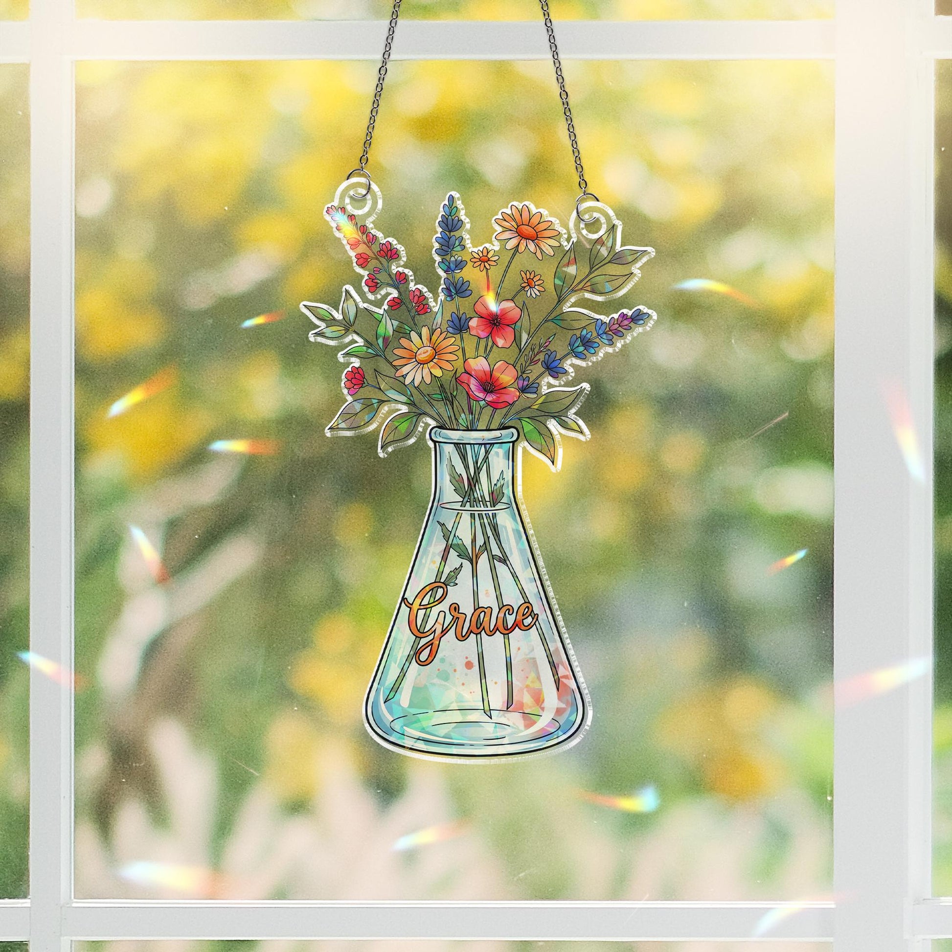 Vase with Flowers Hologram Window Hanging: Acrylic Sun Catcher Gift