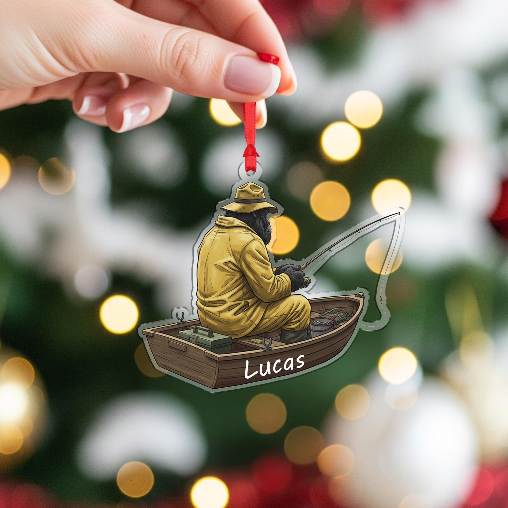 Personalized Bigfoot Sasquatch Fisherman Ornament: Fishing Boat Christmas Decor