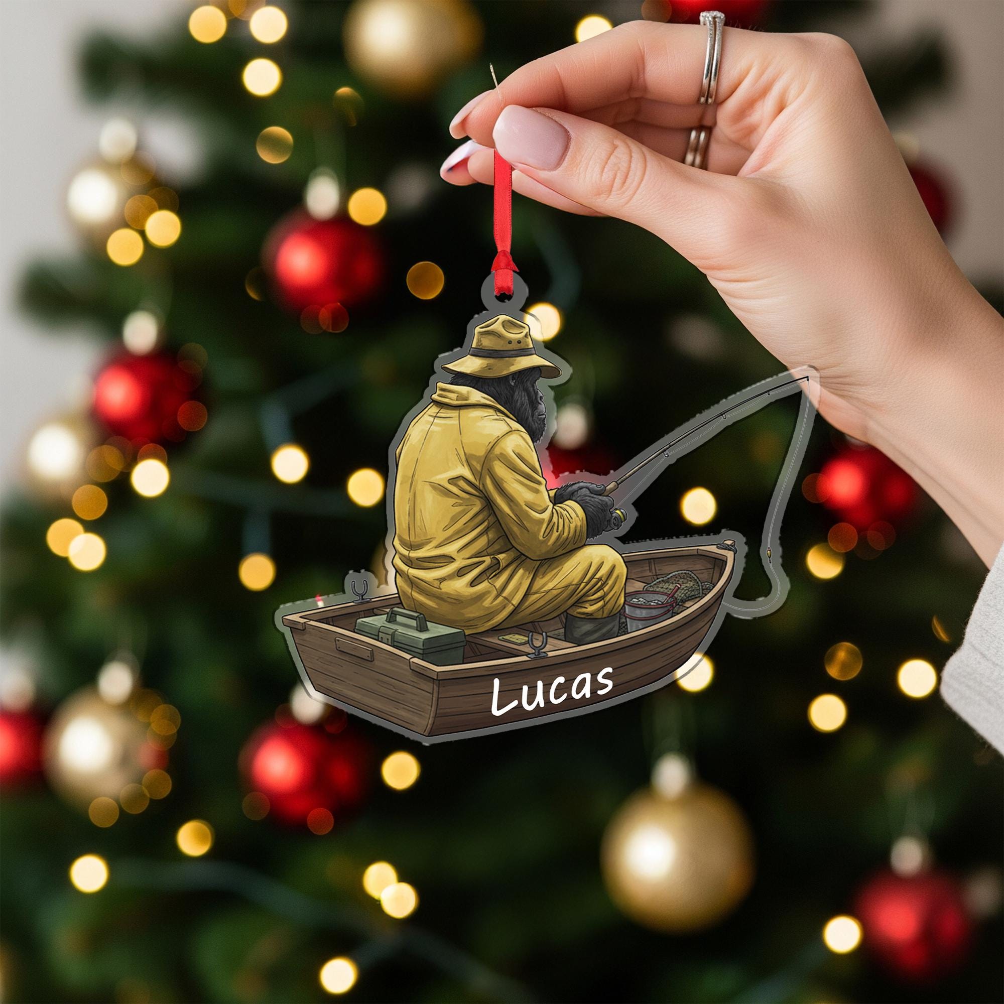 Personalized Bigfoot Sasquatch Fisherman Ornament: Fishing Boat Christmas Decor