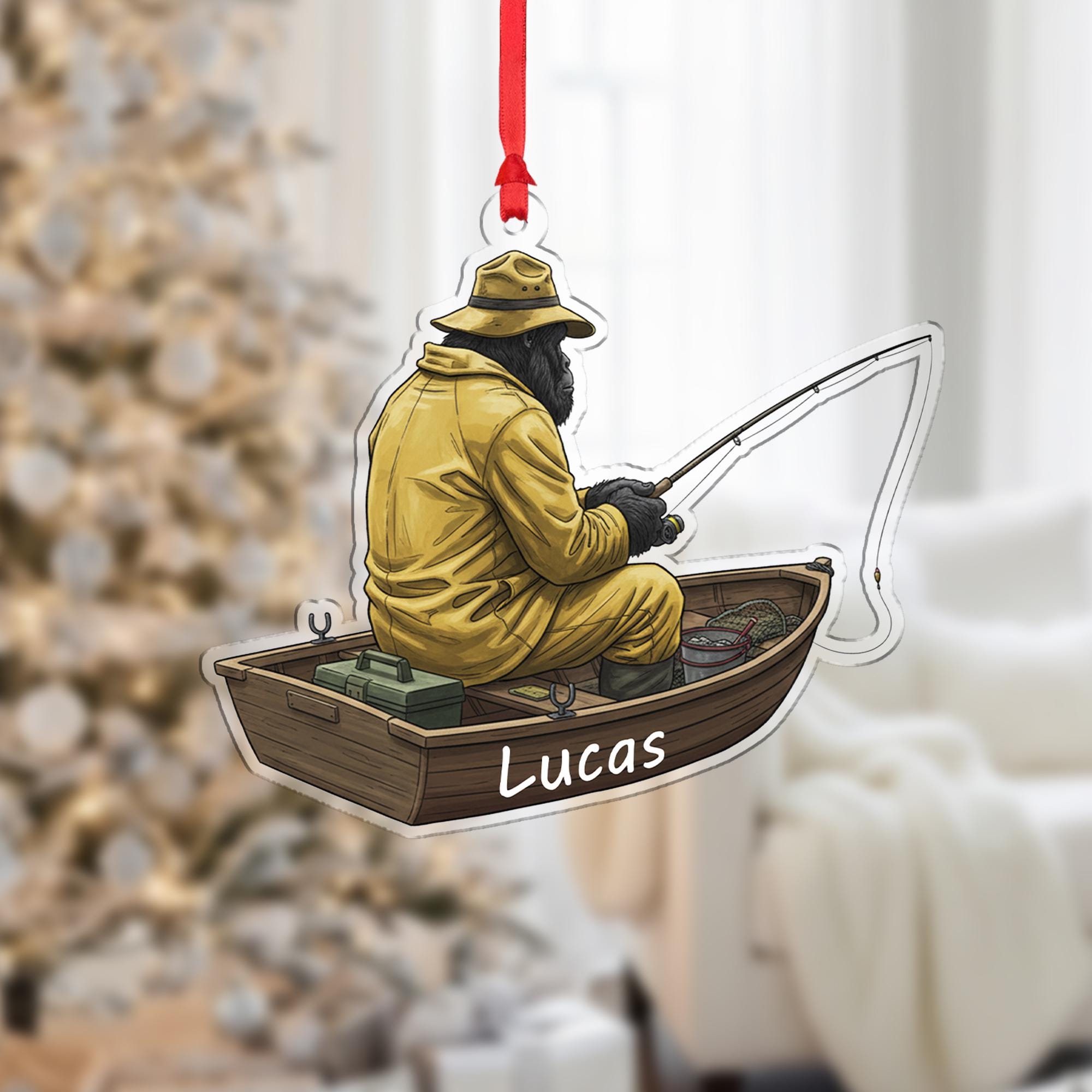 Personalized Bigfoot Sasquatch Fisherman Ornament: Fishing Boat Christmas Decor