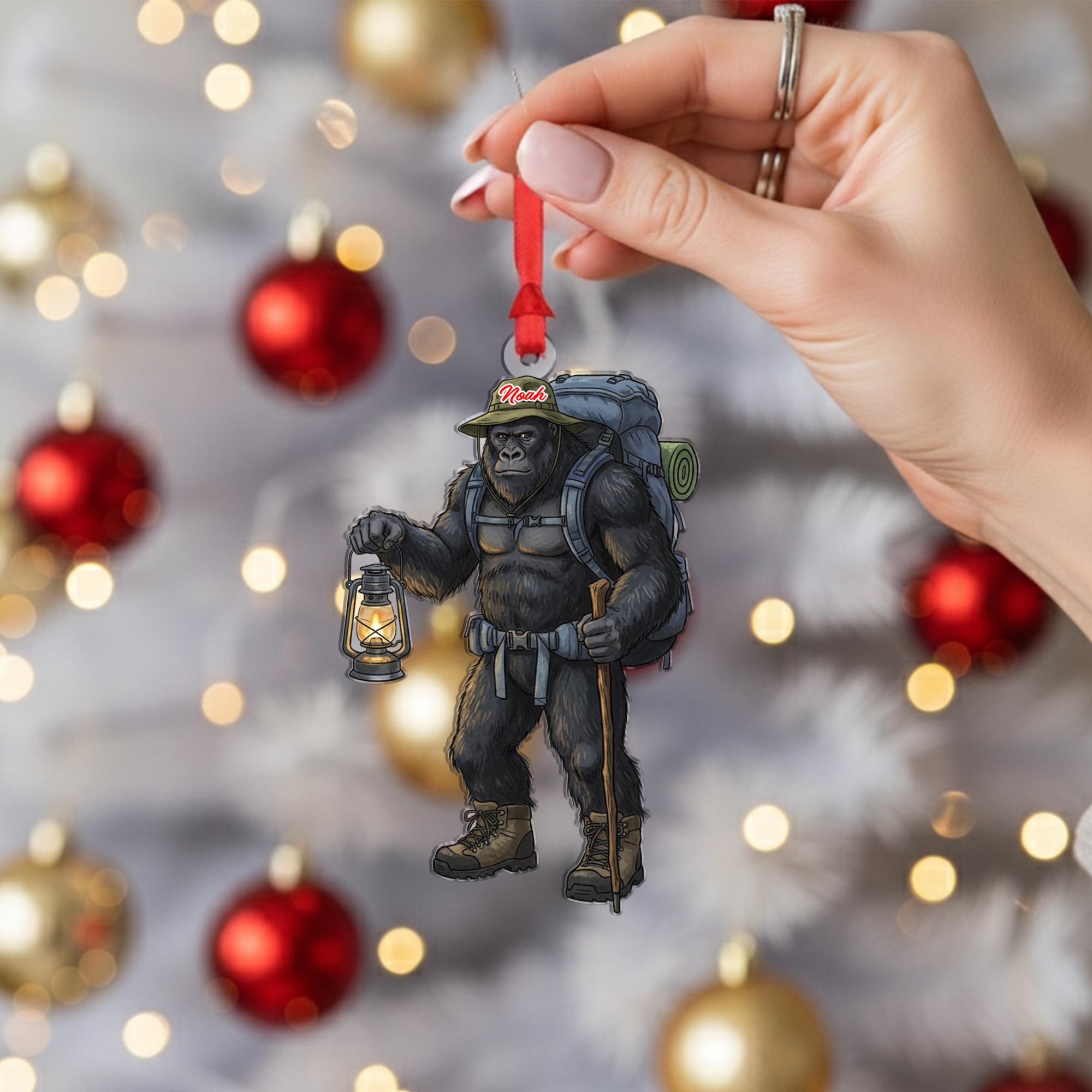 Personalized Bigfoot Sasquatch Hiking Acrylic Ornament: Hiker Christmas Gift