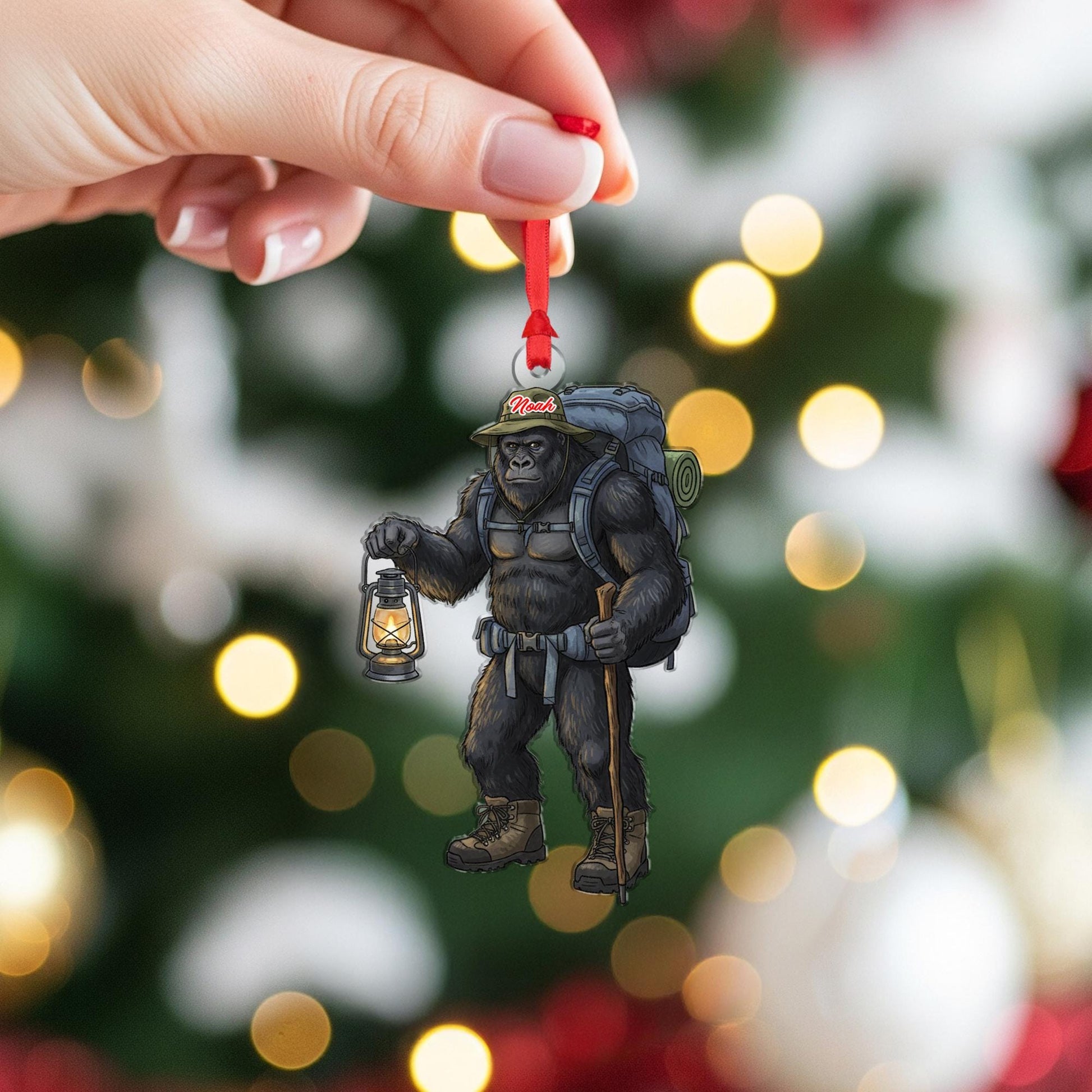 Personalized Bigfoot Sasquatch Hiking Acrylic Ornament: Hiker Christmas Gift