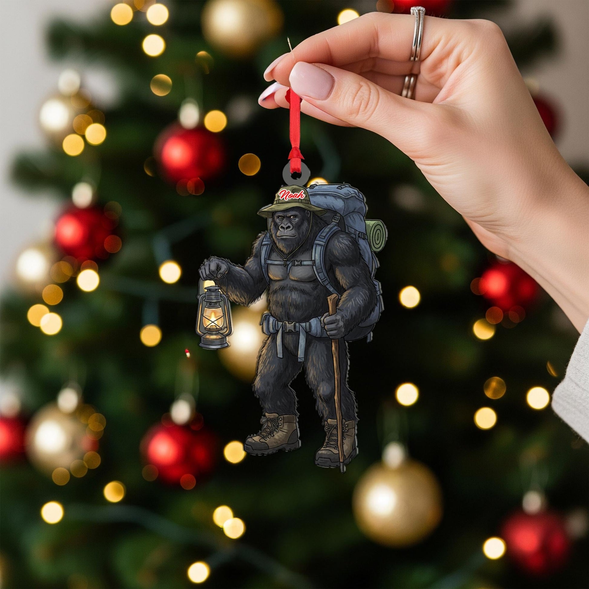 Personalized Bigfoot Sasquatch Hiking Acrylic Ornament: Hiker Christmas Gift