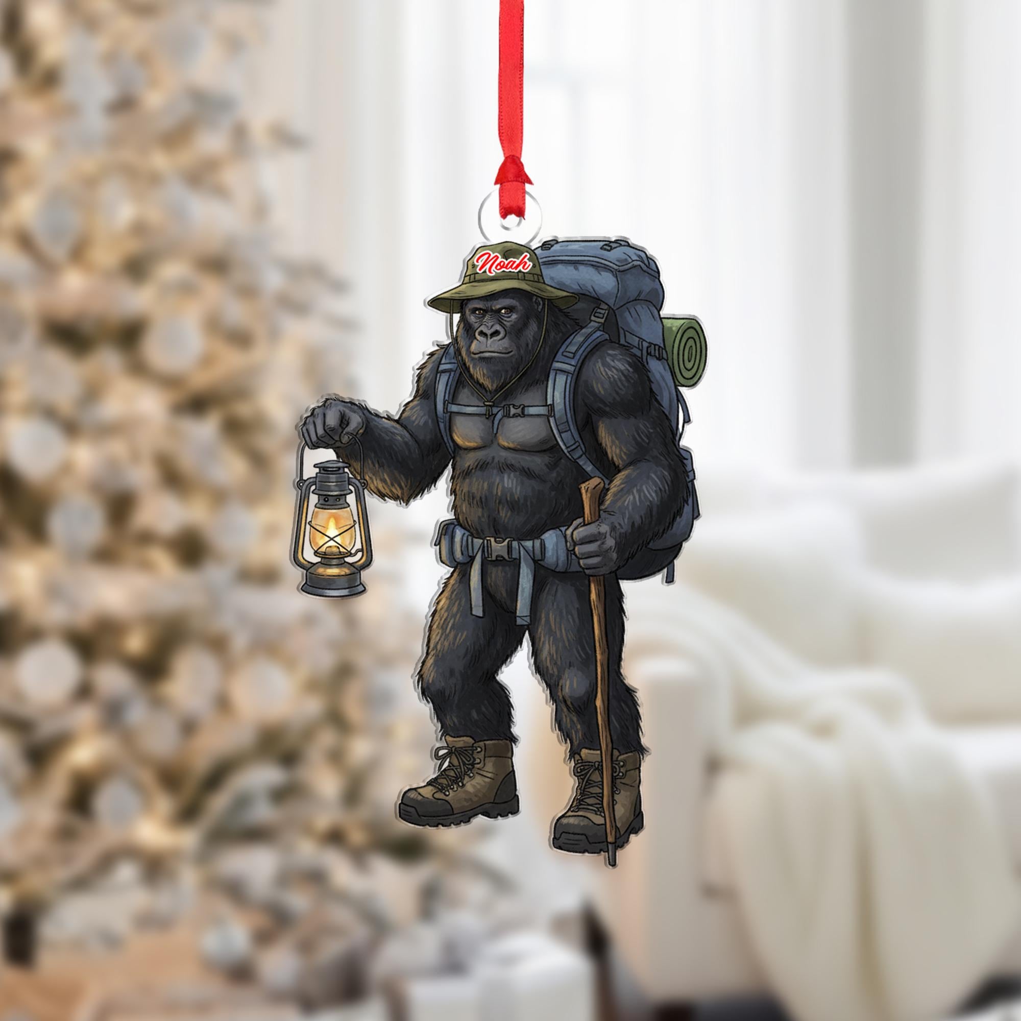 Personalized Bigfoot Sasquatch Hiking Acrylic Ornament: Hiker Christmas Gift
