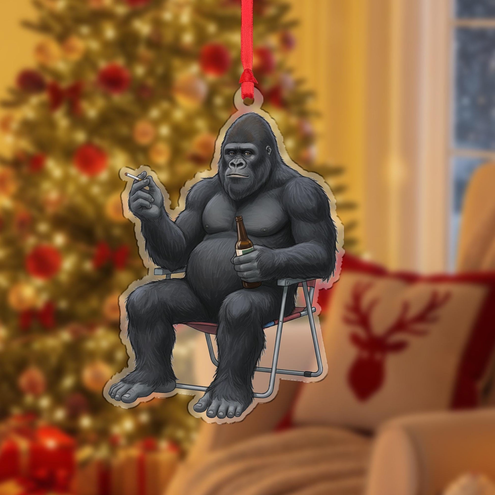 Bigfoot Sasquatch Smoking with Beer Acrylic Ornament: Funny Christmas Gag Gift