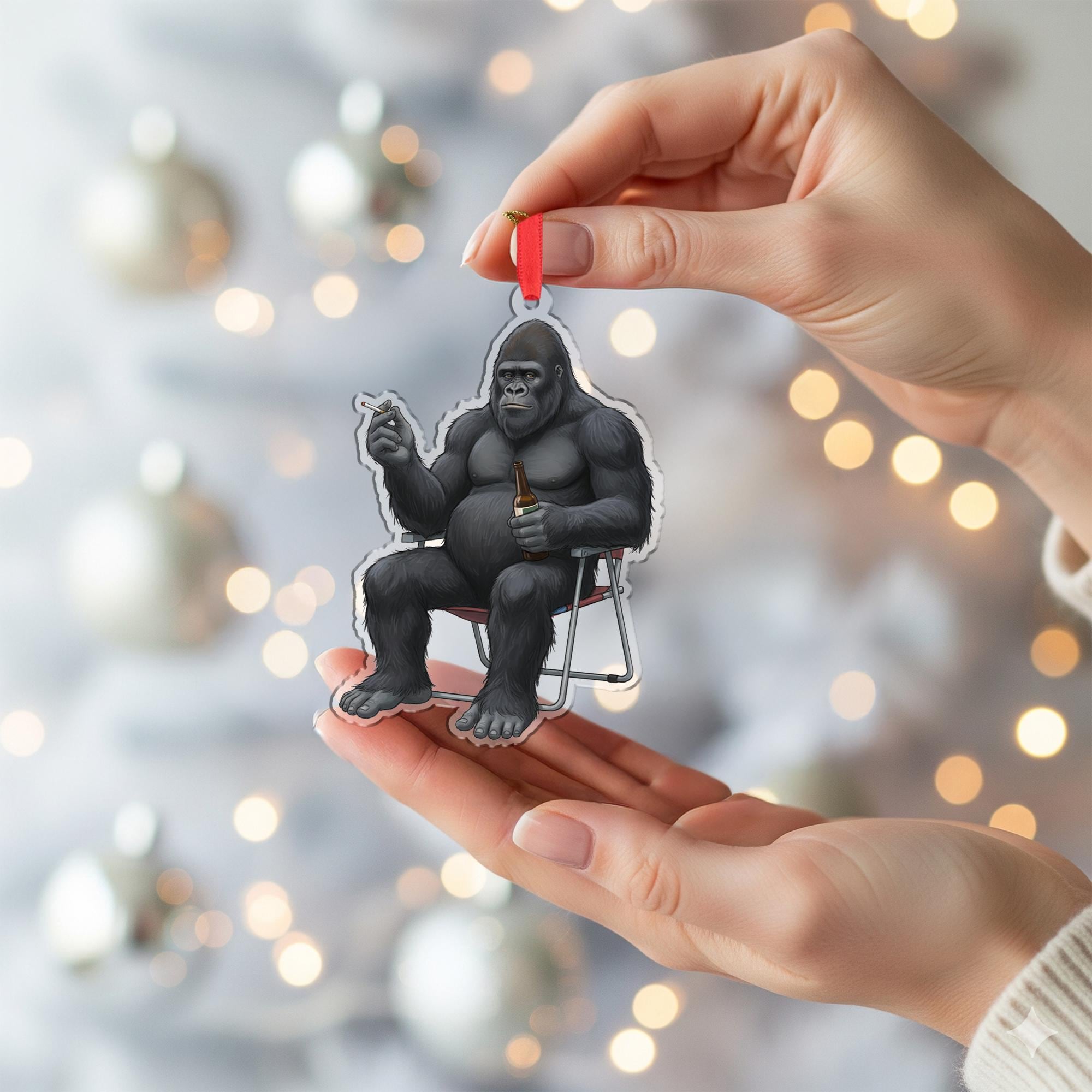 Bigfoot Sasquatch Smoking with Beer Acrylic Ornament: Funny Christmas Gag Gift