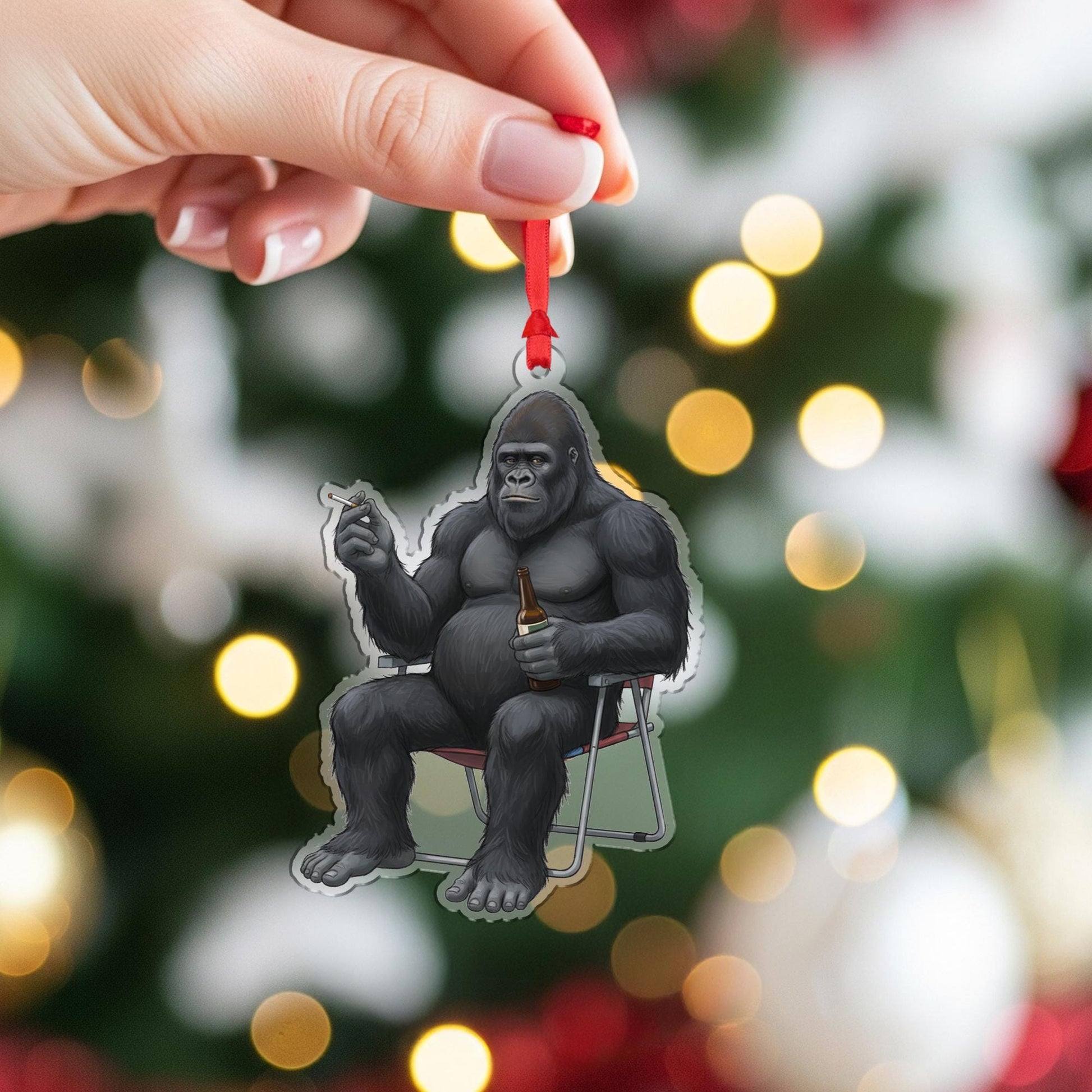 Bigfoot Sasquatch Smoking with Beer Acrylic Ornament: Funny Christmas Gag Gift