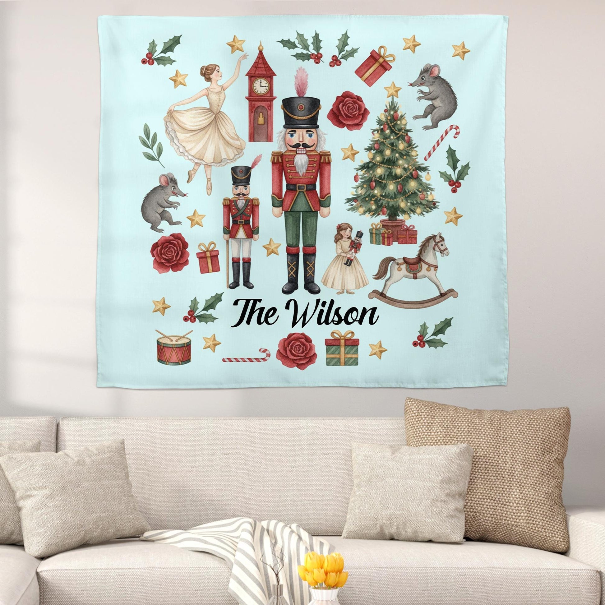 Nutcracker Christmas Tapestry Personalized Wall Hanging Holiday Decor Ballet Theme Custom Family Name