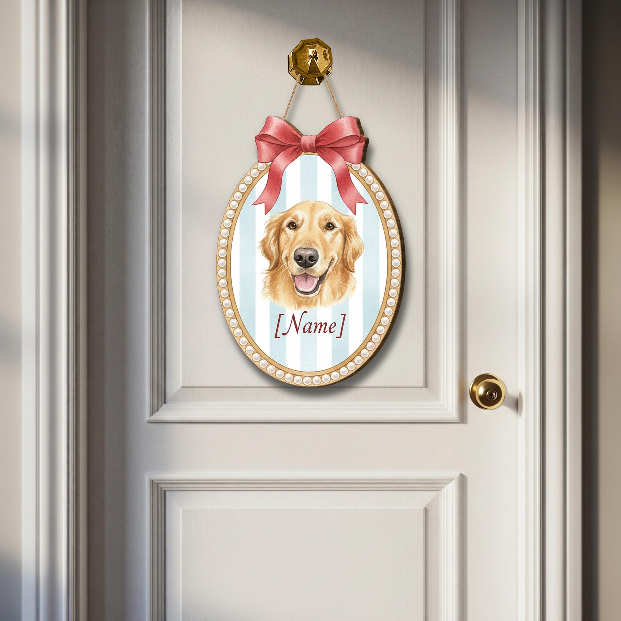 Personalized Dog Door Sign – Custom Pet Name Plaque with Ribbon and Striped Background