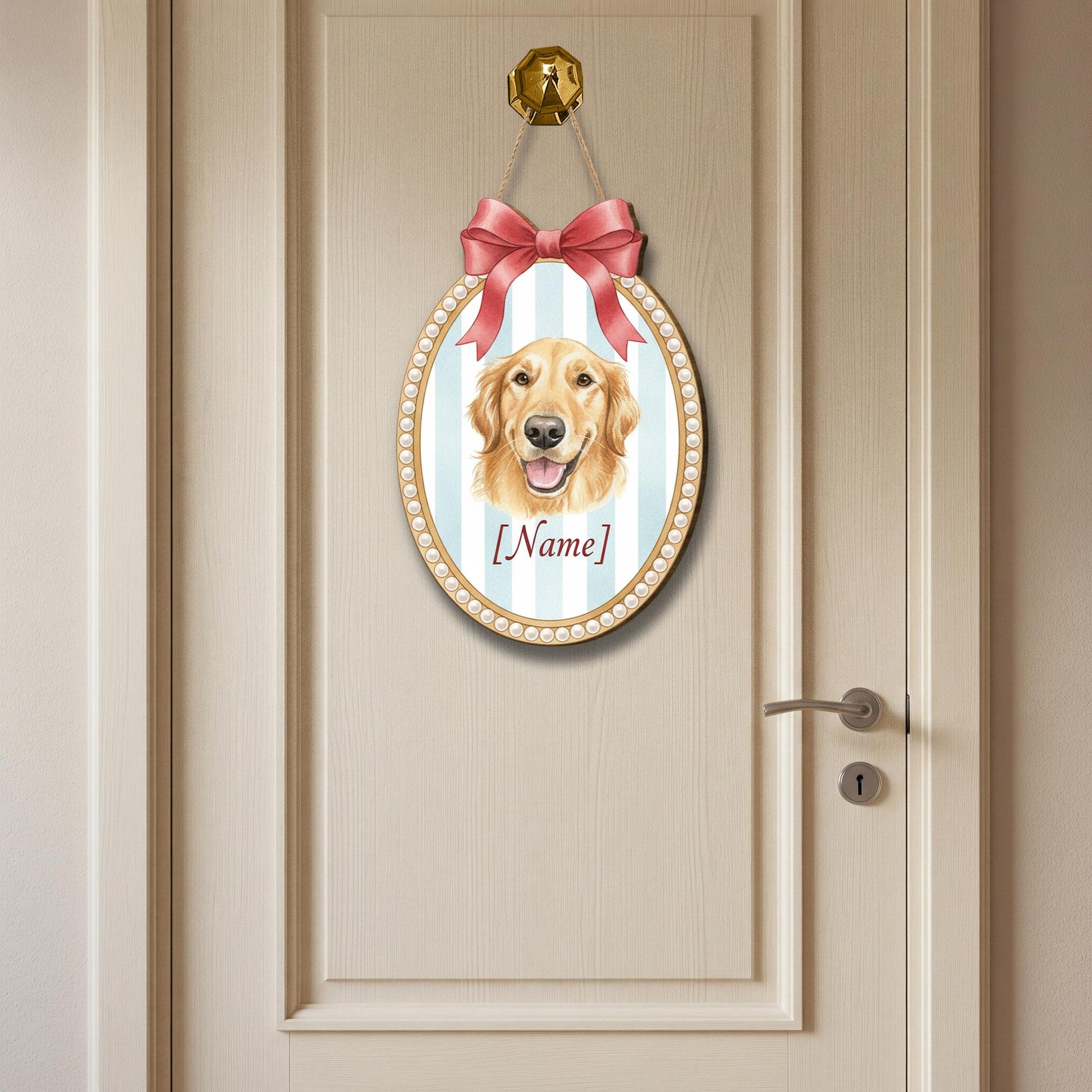 Personalized Dog Door Sign – Custom Pet Name Plaque with Ribbon and Striped Background