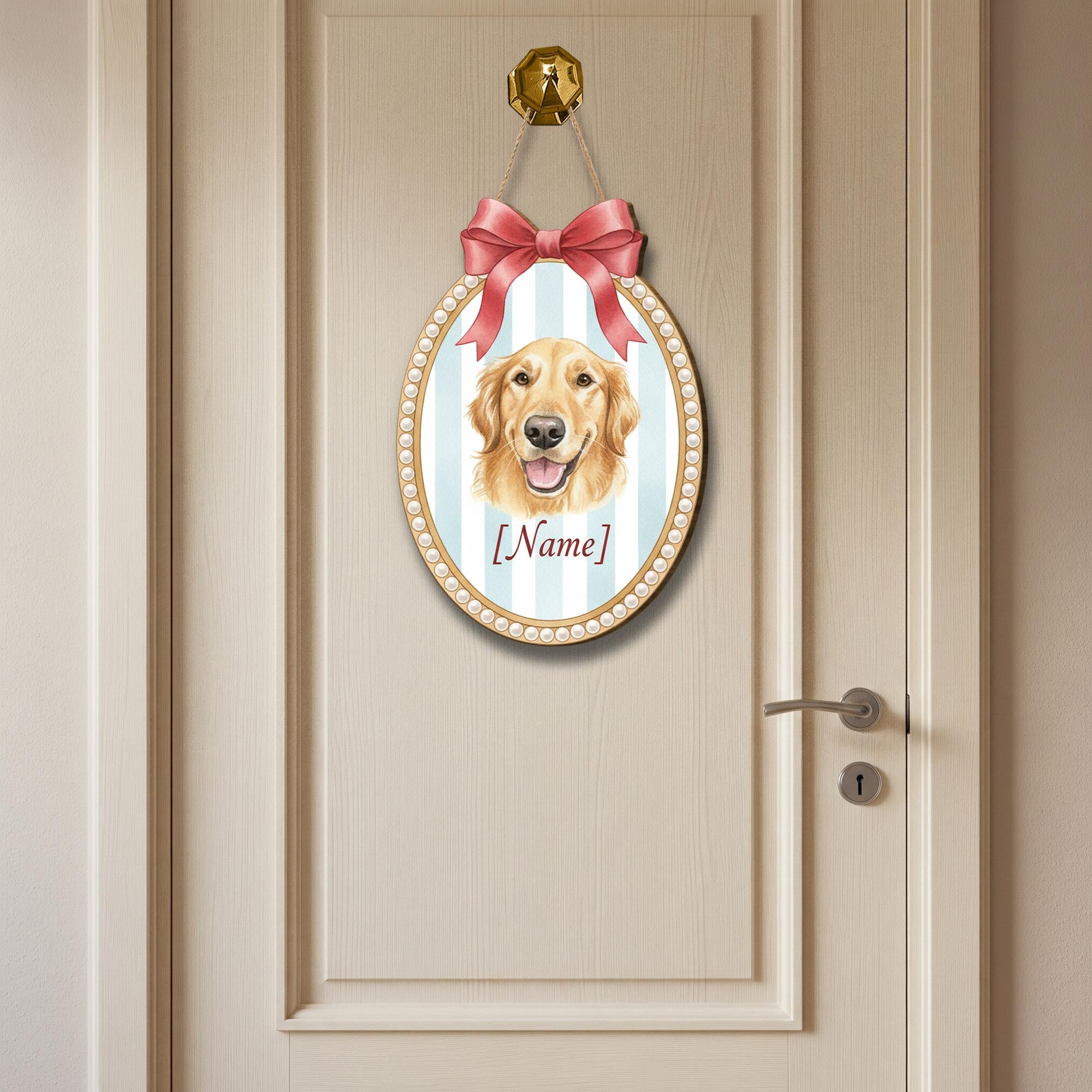 Personalized Dog Door Sign – Custom Pet Name Plaque with Ribbon and Striped Background