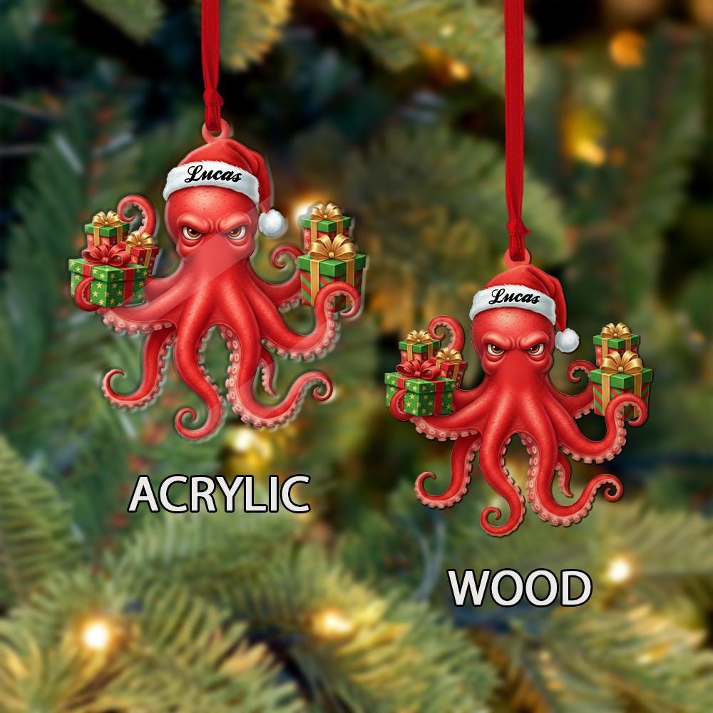 Personalized Octopus Christmas Ornament – Custom Name Holiday Decoration with Santa Hat and Gifts