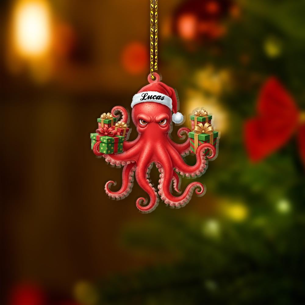 Personalized Octopus Christmas Ornament – Custom Name Holiday Decoration with Santa Hat and Gifts