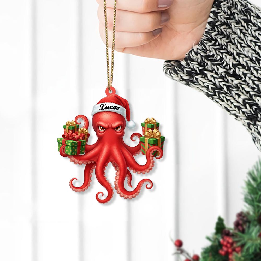 Personalized Octopus Christmas Ornament – Custom Name Holiday Decoration with Santa Hat and Gifts