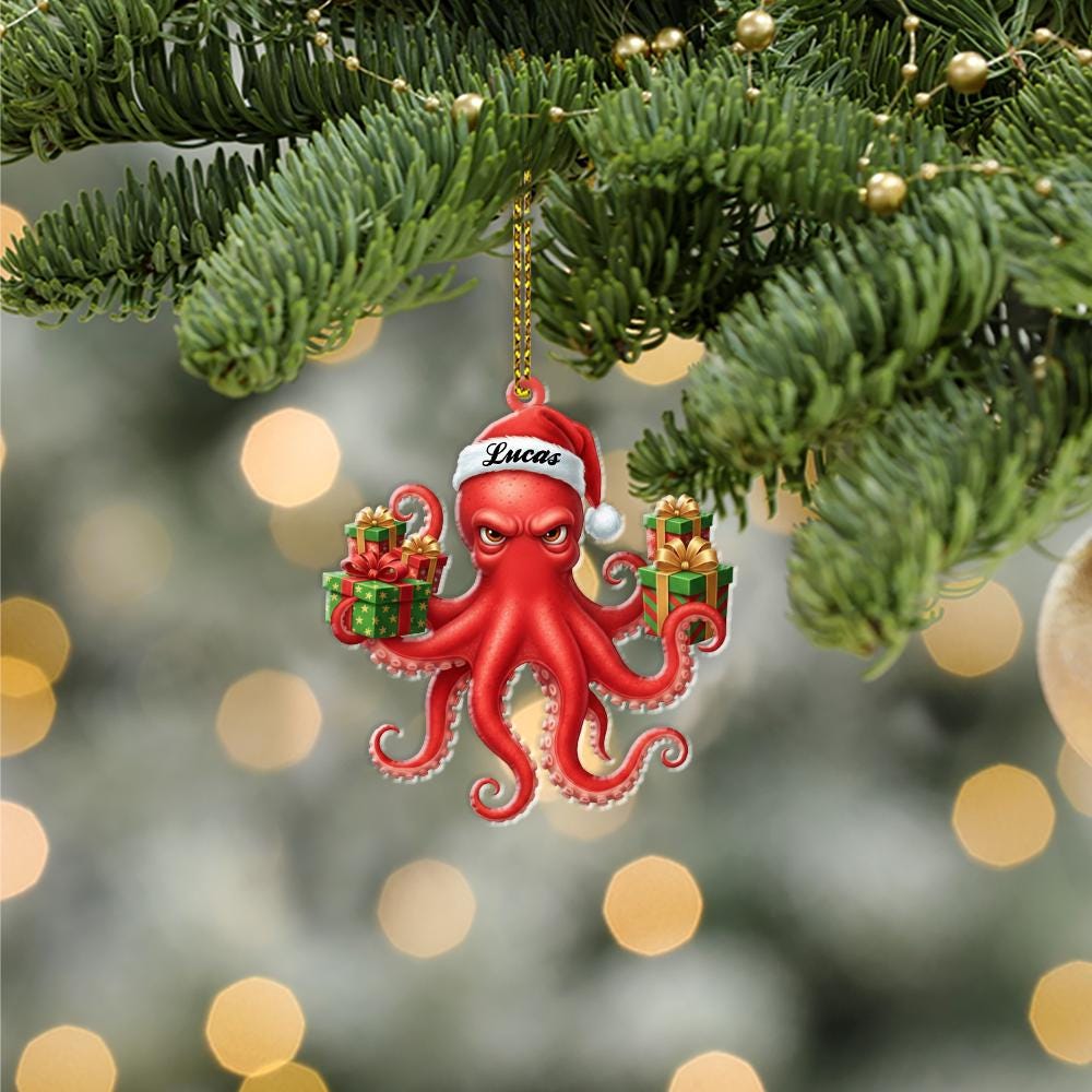Personalized Octopus Christmas Ornament – Custom Name Holiday Decoration with Santa Hat and Gifts