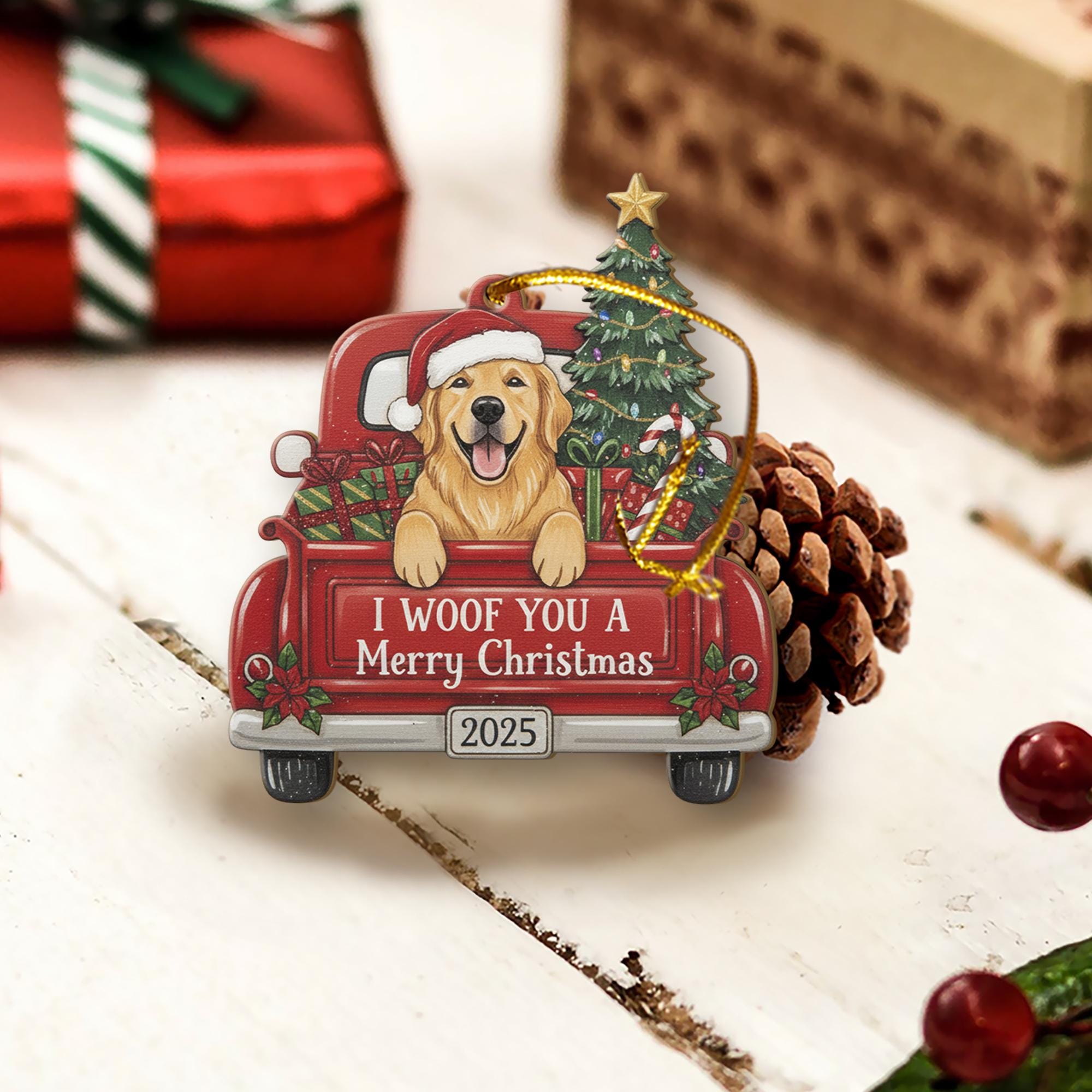 Personalized Dog Christmas Ornament – Custom Pet Name Decoration with Red Truck and Tree