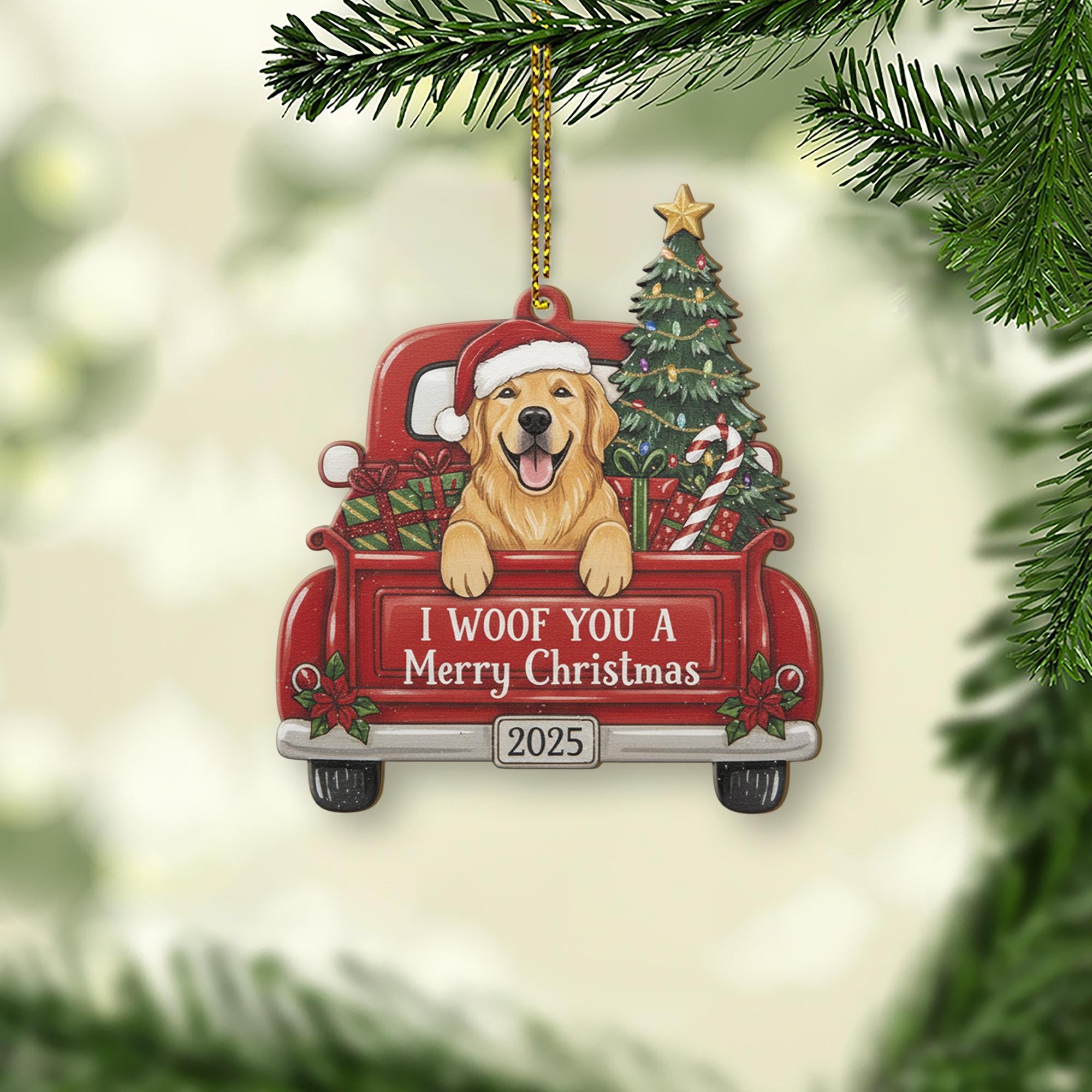 Personalized Dog Christmas Ornament – Custom Pet Name Decoration with Red Truck and Tree