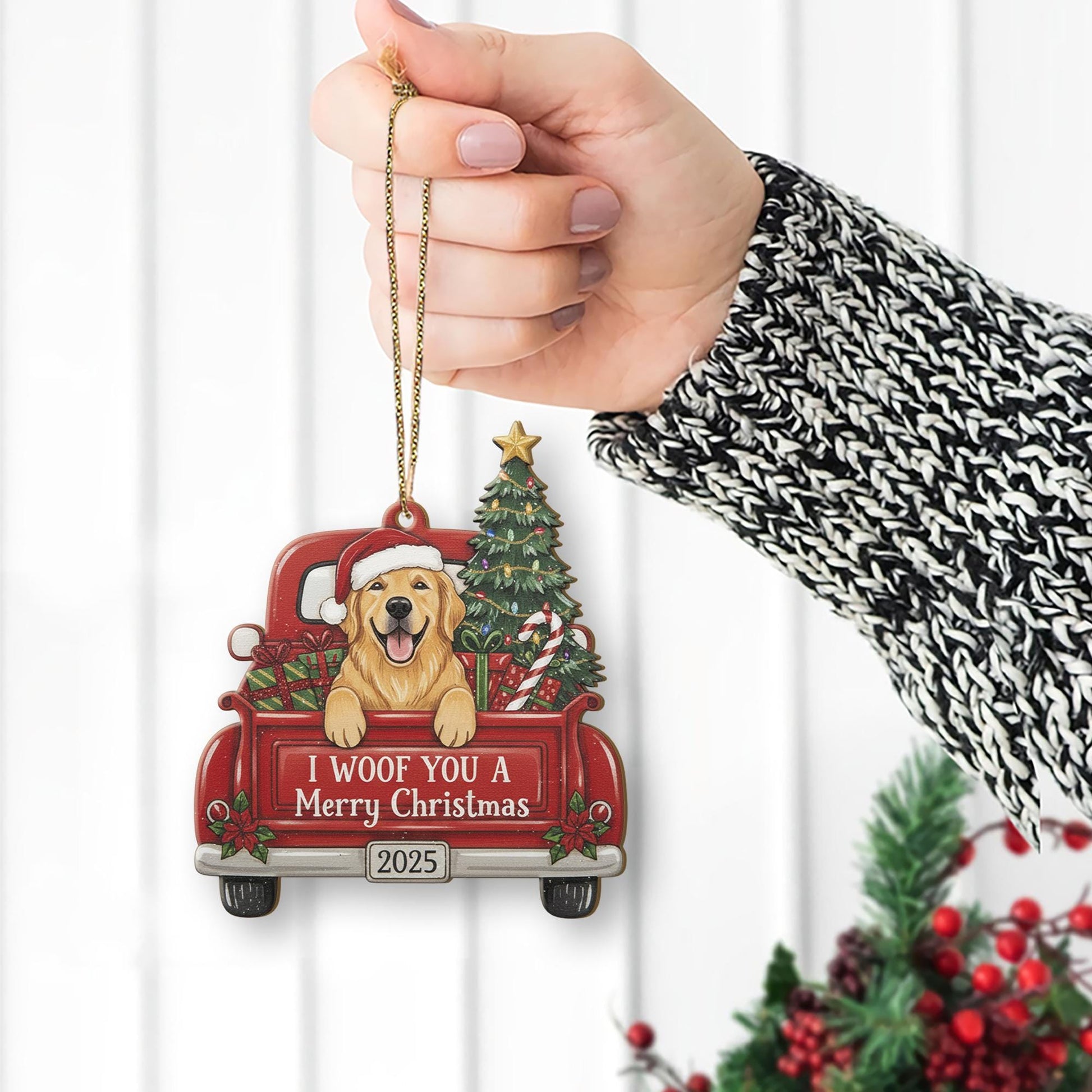 Personalized Dog Christmas Ornament – Custom Pet Name Decoration with Red Truck and Tree