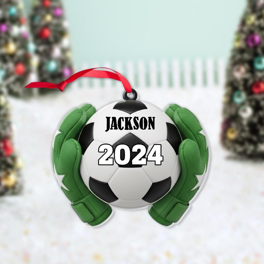 Personalized Soccer Ornament – Custom Name 2024 Christmas Decoration with Goalie Gloves