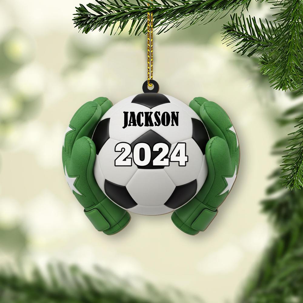 Personalized Soccer Ornament – Custom Name 2024 Christmas Decoration with Goalie Gloves