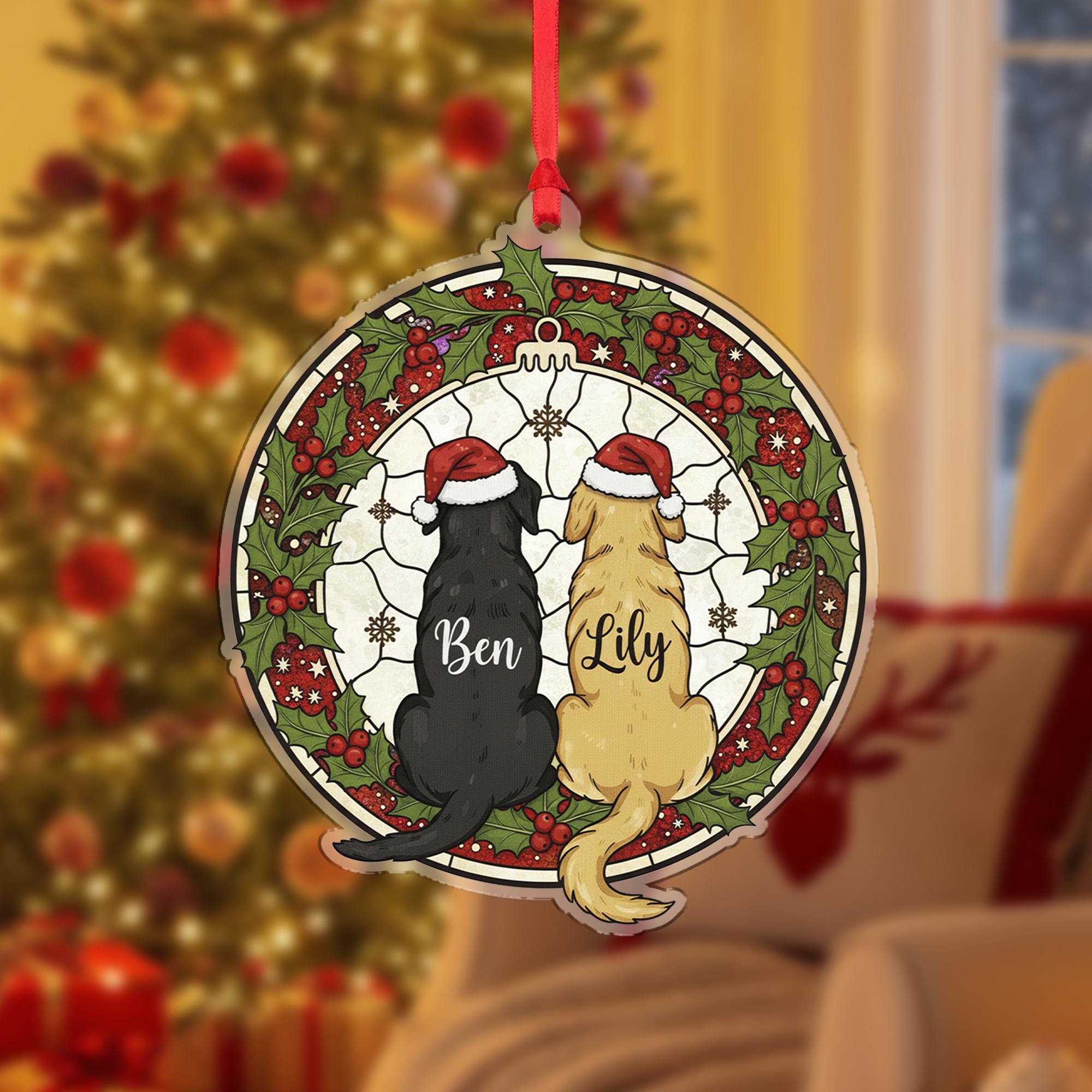 Personalized Dog Christmas Ornament – Custom Pet Name Decoration with Santa Hats and Wreath
