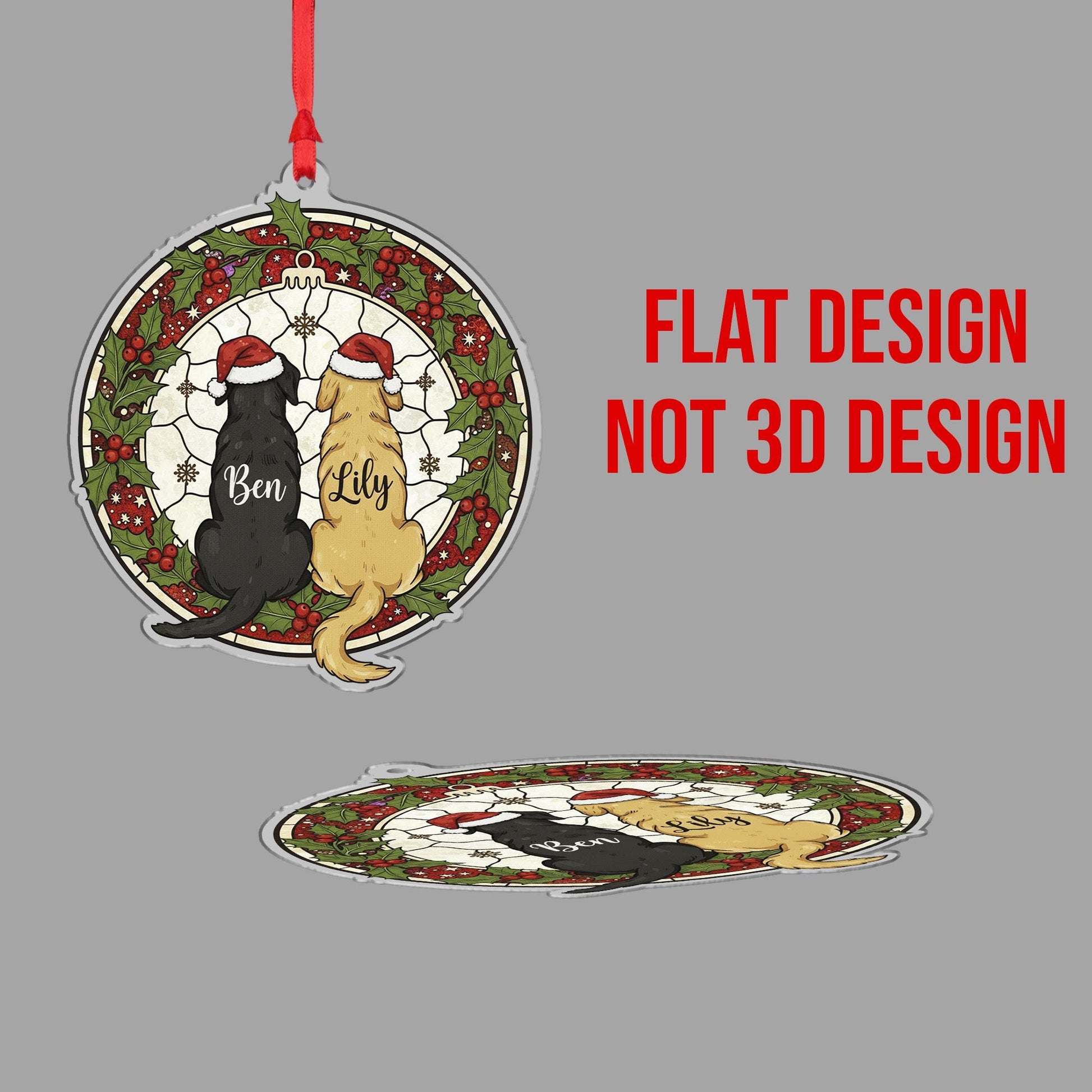 Personalized Dog Christmas Ornament – Custom Pet Name Decoration with Santa Hats and Wreath