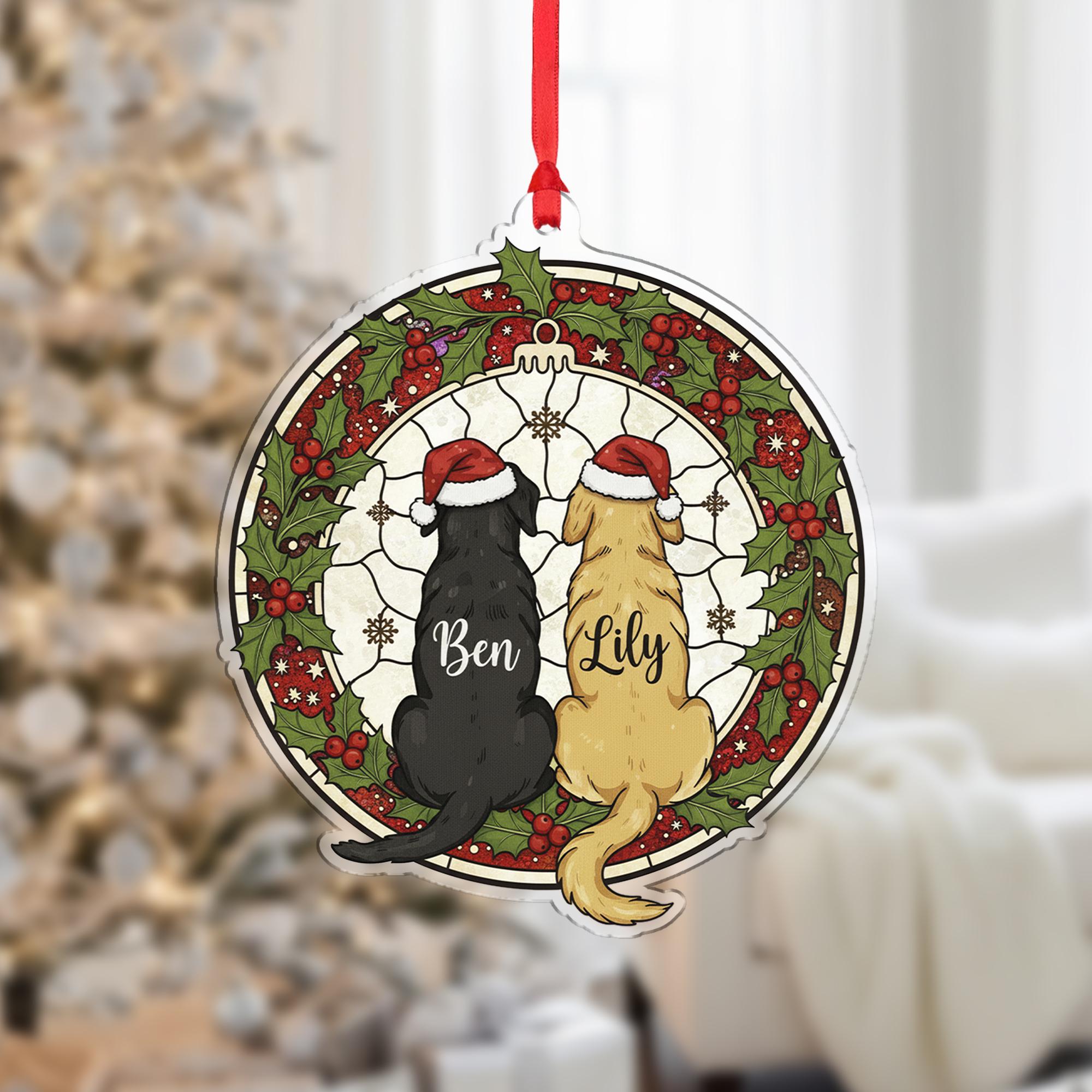Personalized Dog Christmas Ornament – Custom Pet Name Decoration with Santa Hats and Wreath