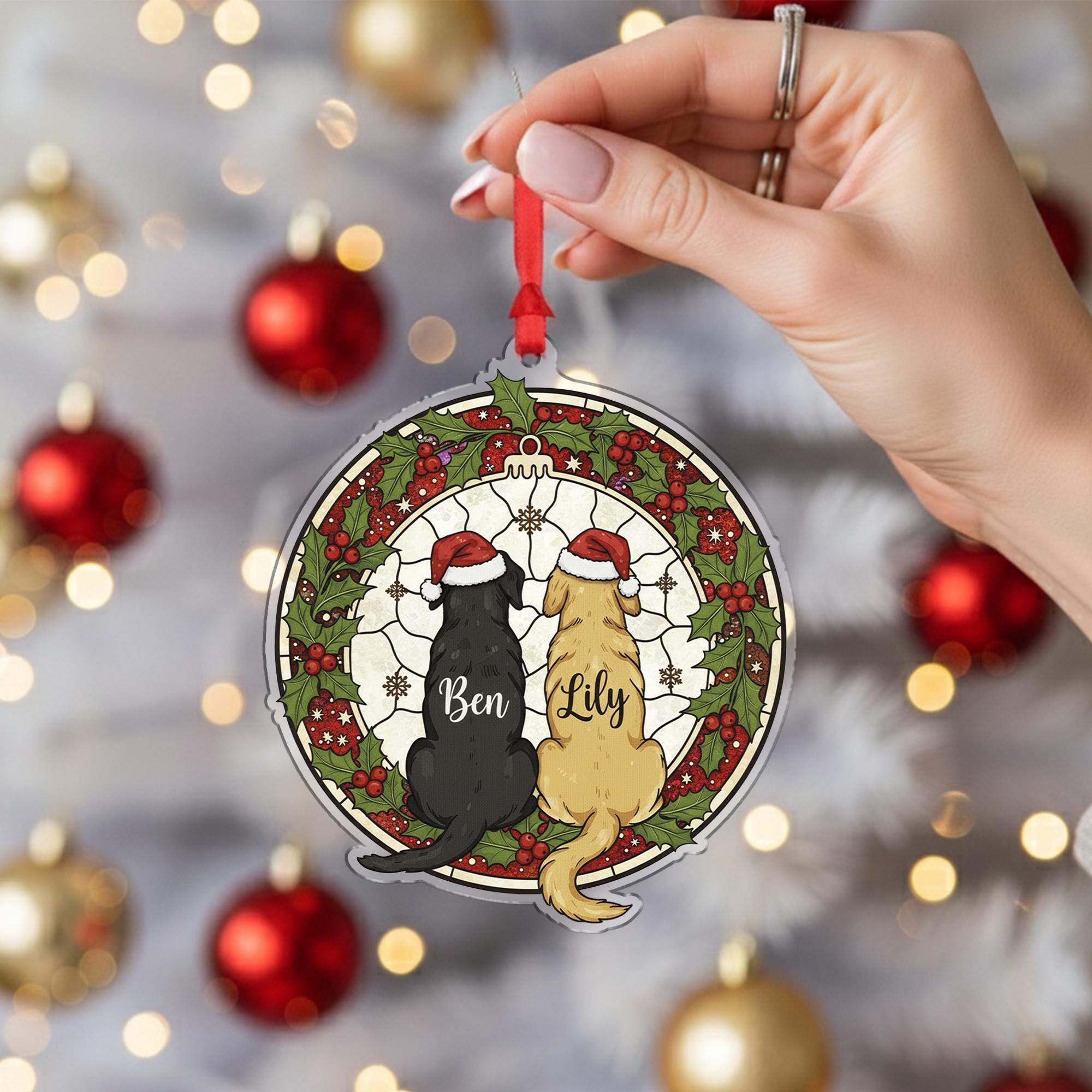 Personalized Dog Christmas Ornament – Custom Pet Name Decoration with Santa Hats and Wreath