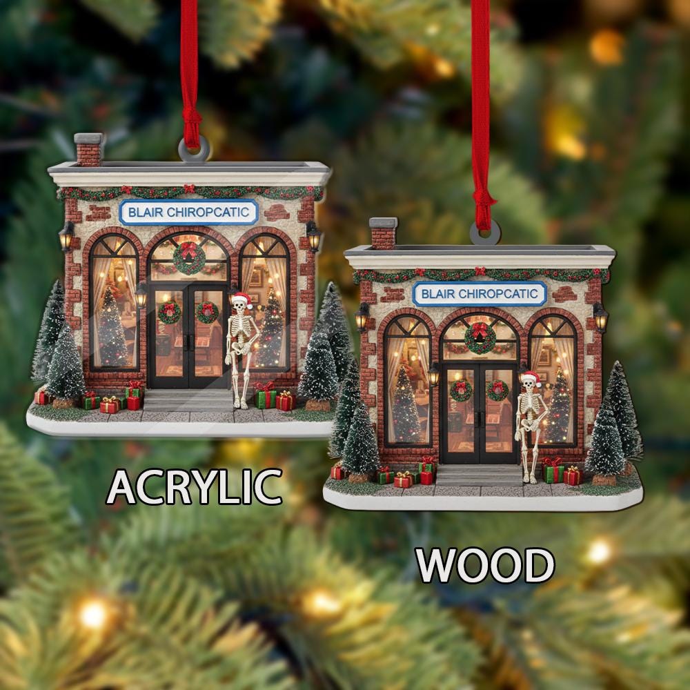 Chiropractic Office Ornament – Custom Name Christmas Decoration with Clinic Building and Skeleton