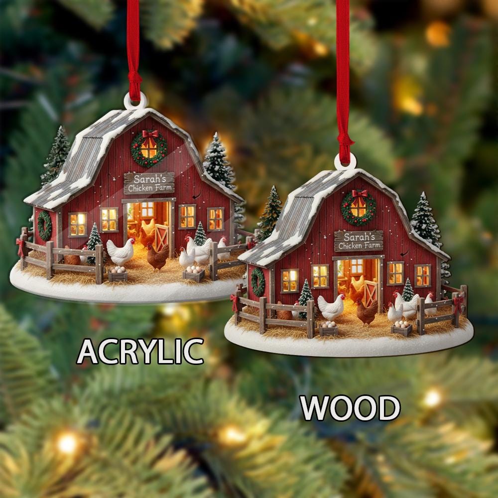 Personalized Farm Ornament – Custom Name Christmas Decoration with Barn and Chickens