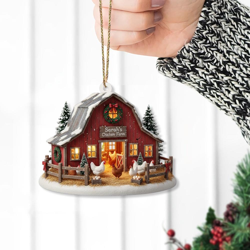 Personalized Farm Ornament – Custom Name Christmas Decoration with Barn and Chickens