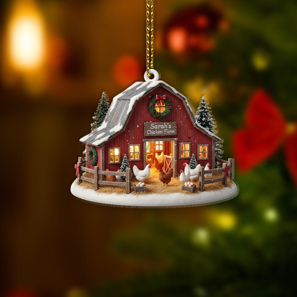 Personalized Farm Ornament – Custom Name Christmas Decoration with Barn and Chickens